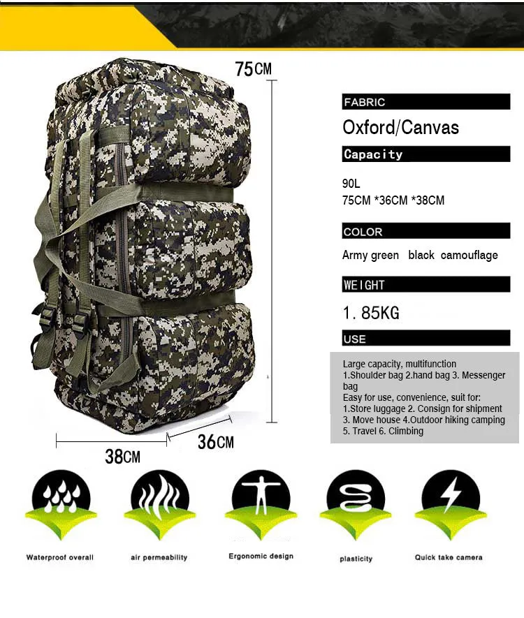 90L Large Capacity Outdoor Military Travel Hiking Camouflage Bag for Men