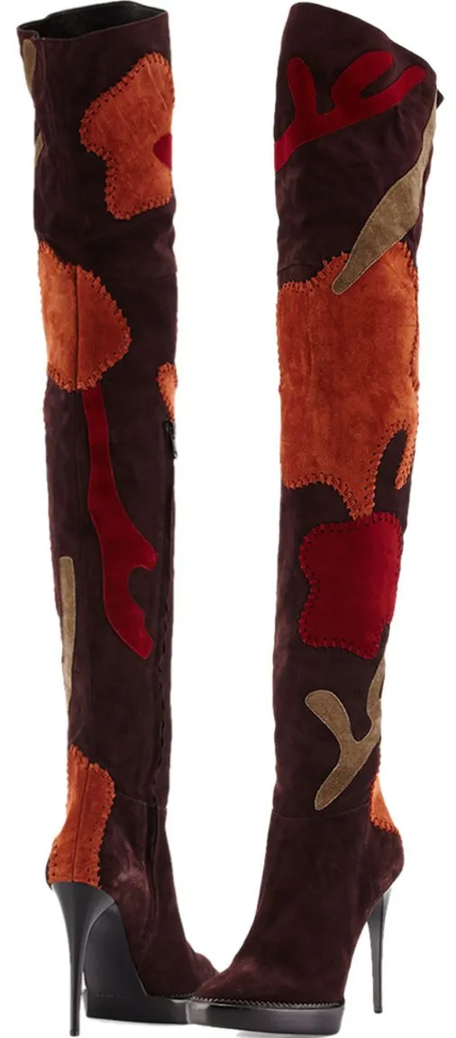 'Allison' Patchwork Over-the-Knee Suede Boot, Oxblood