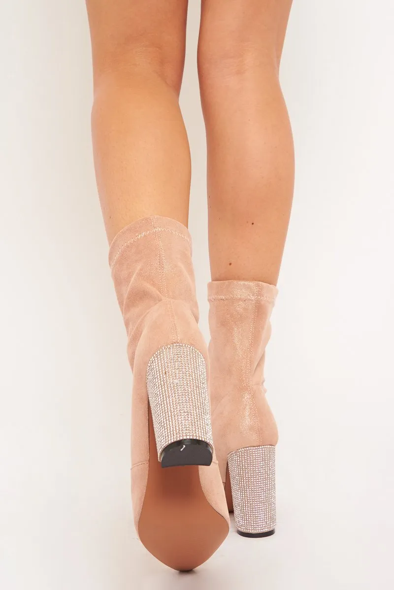 Apricot Faux Suede Diamante Heel Sock Boot - Graylin