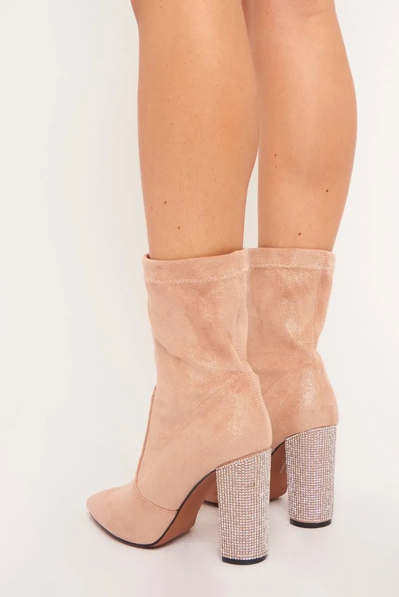 Apricot Faux Suede Diamante Heel Sock Boot - Graylin