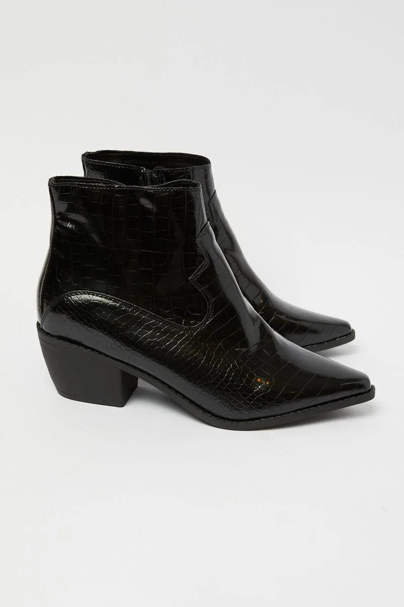 Black Croc Print Western Ankle Boots