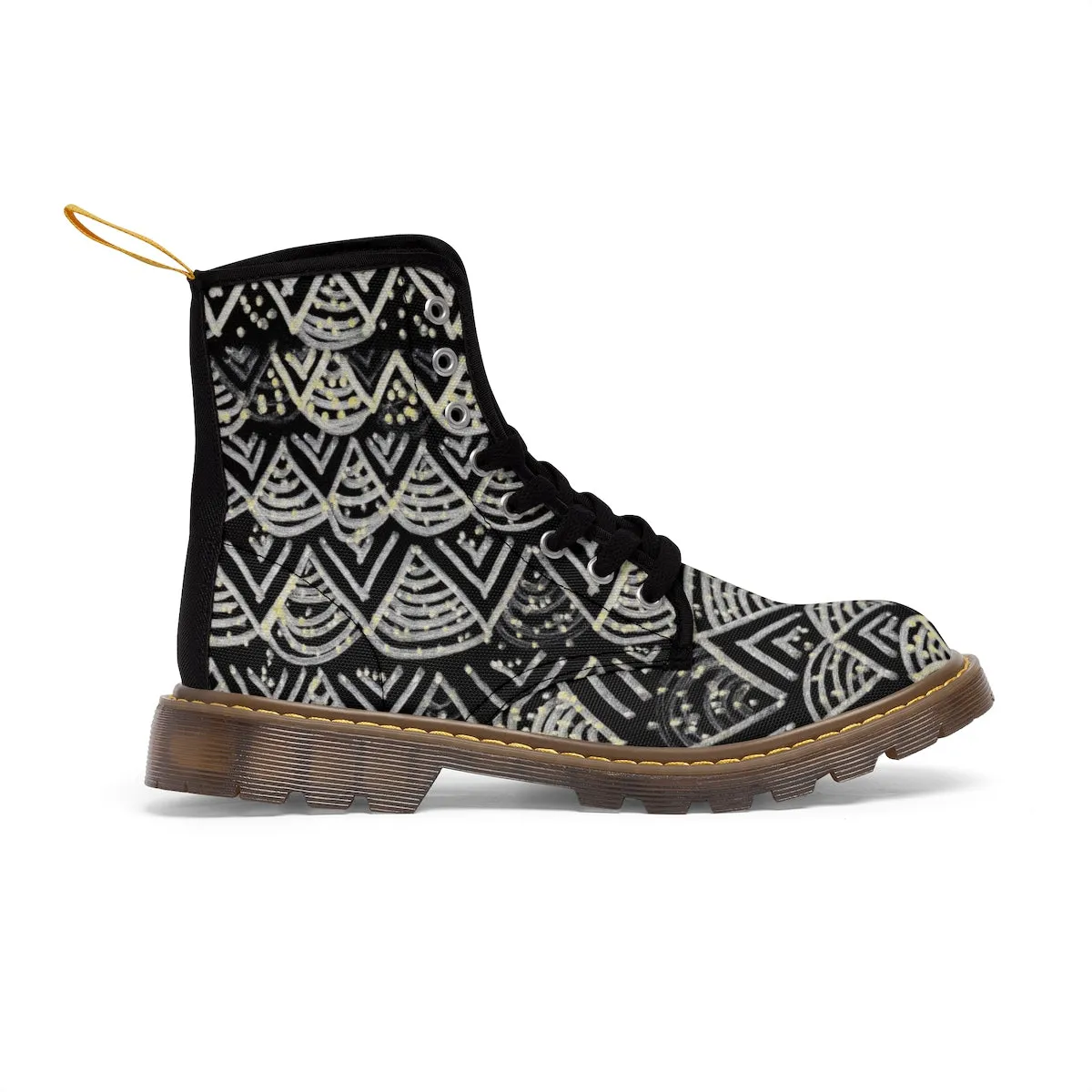 Black Geometric Men's Winter Boots, Designer Anti Heat/Moisture Men's Canvas Boots