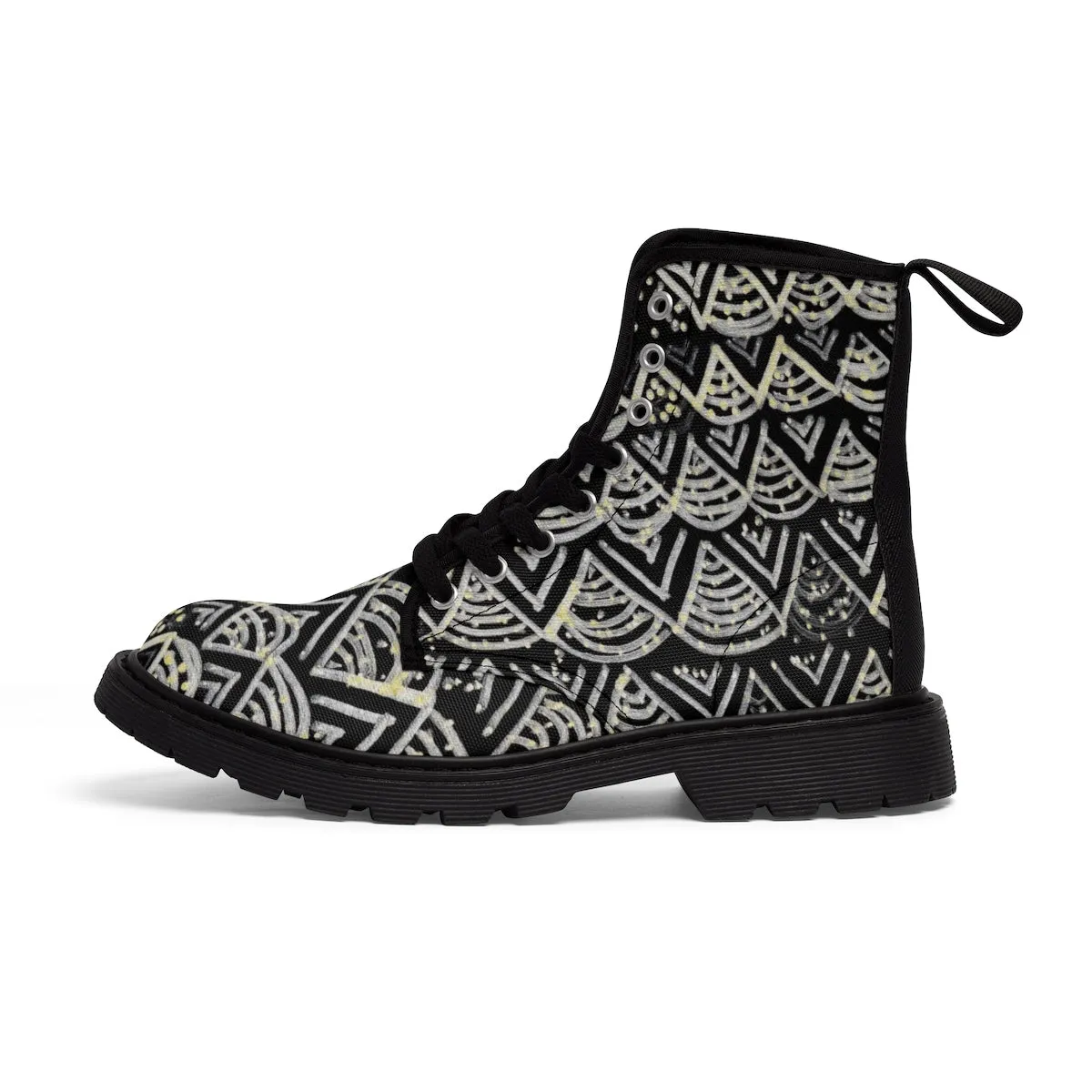 Black Geometric Men's Winter Boots, Designer Anti Heat/Moisture Men's Canvas Boots