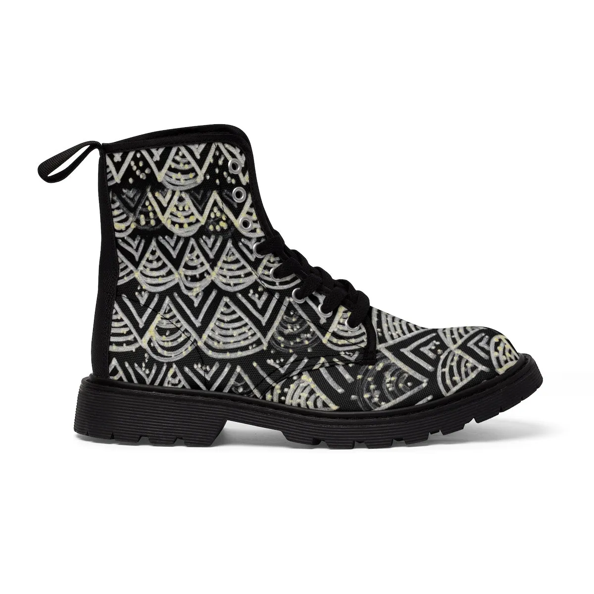 Black Geometric Men's Winter Boots, Designer Anti Heat/Moisture Men's Canvas Boots