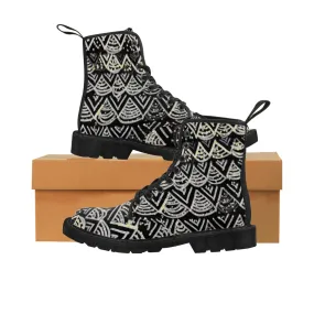 Black Geometric Men's Winter Boots, Designer Anti Heat/Moisture Men's Canvas Boots