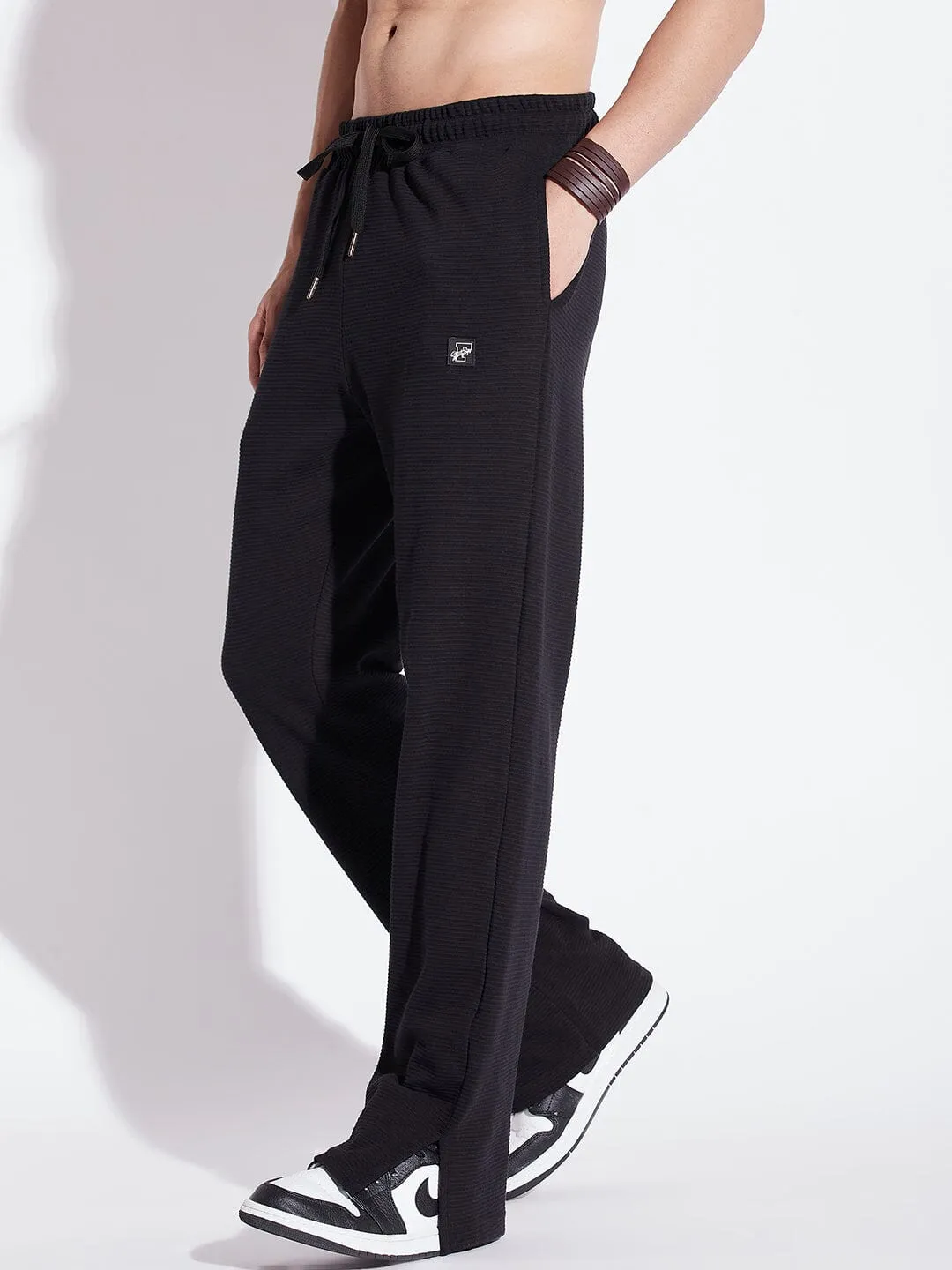 Black Textured Relaxed Fit Boot-Cut Pant