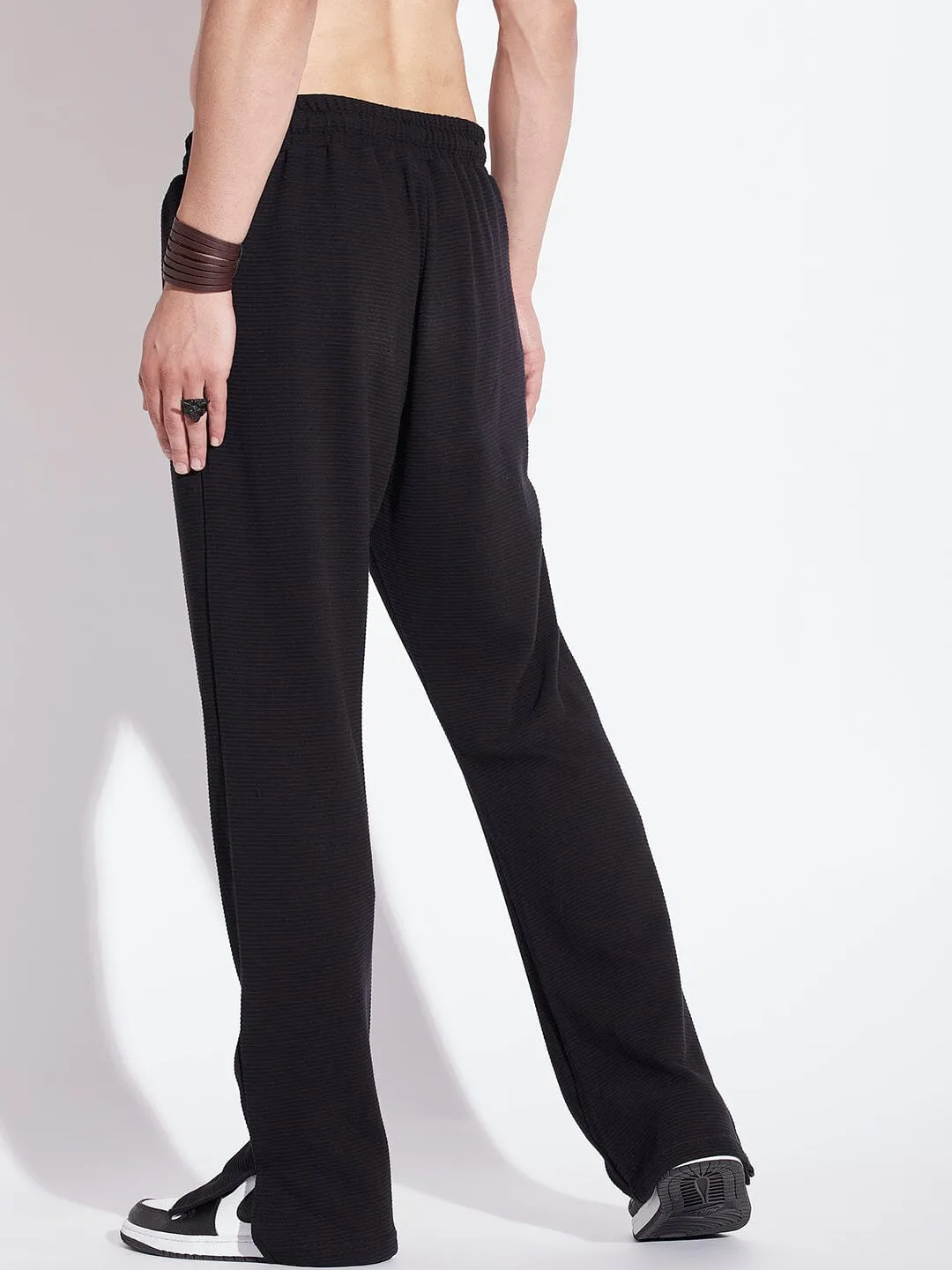 Black Textured Relaxed Fit Boot-Cut Pant