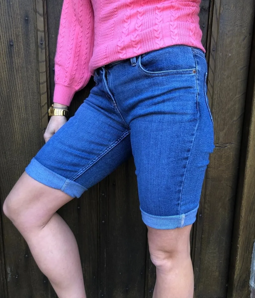 Blue Denim Knee Length Shorts