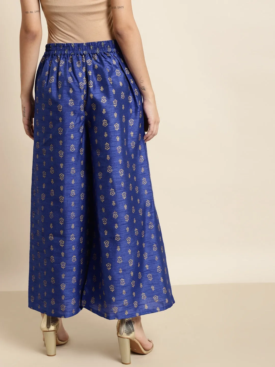 Blue Foil Floral Ankle Length Palazzo Pants