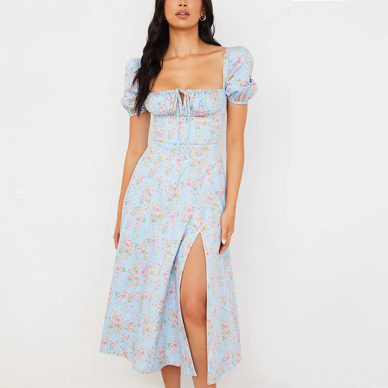 Boho Flower Garden Floral PUFF SLEEVE Square Neck Side Thigh Split Midi Dress