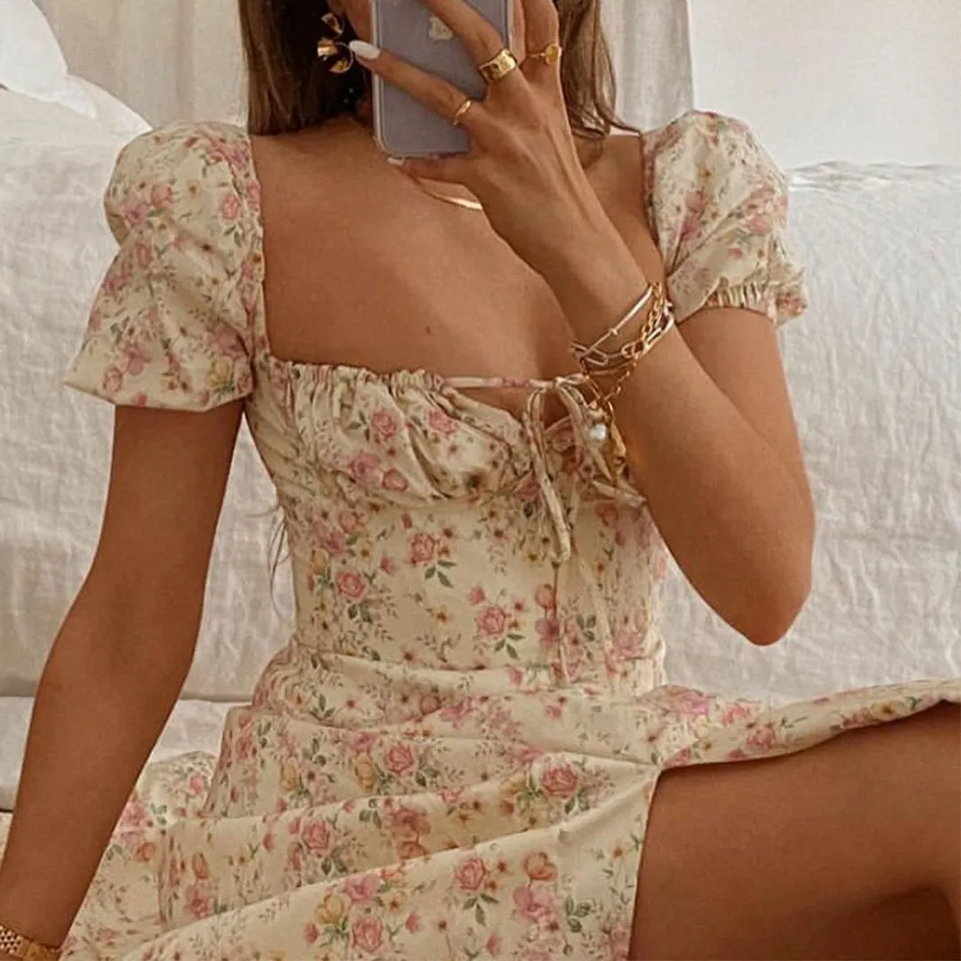 Boho Flower Garden Floral PUFF SLEEVE Square Neck Side Thigh Split Midi Dress