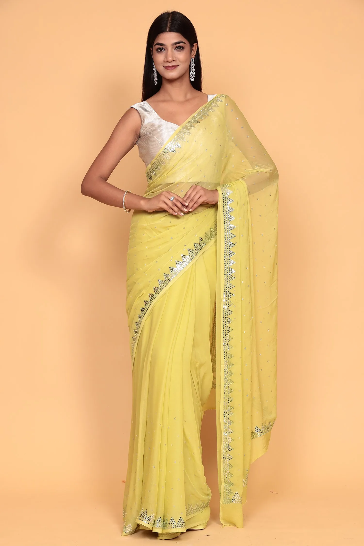 Chiffon Saree with Mirror, Swarovski work.