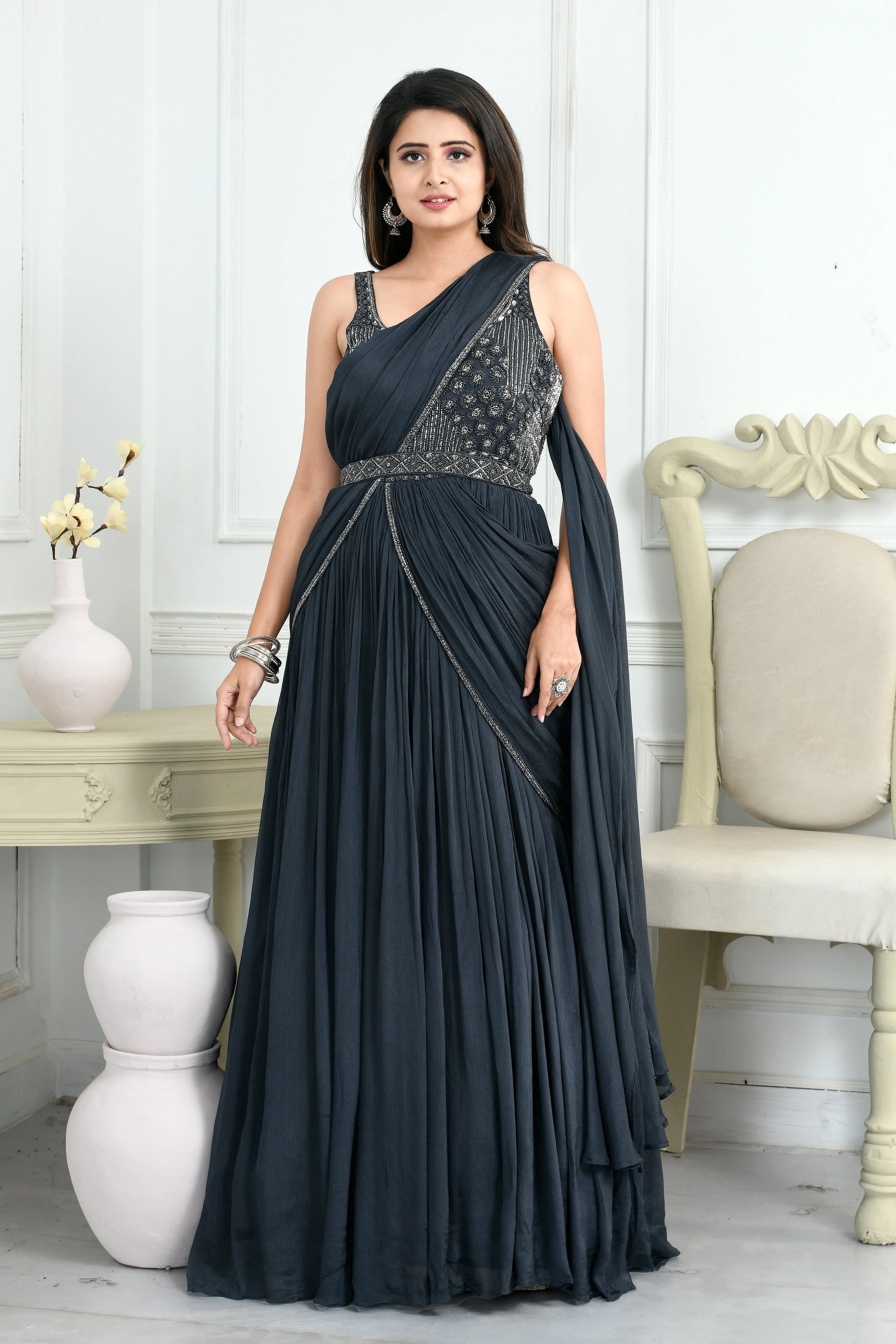 Chinon One Piece in Drape Style with Bead Work, Sippi Work,Cutdana Work and Belt