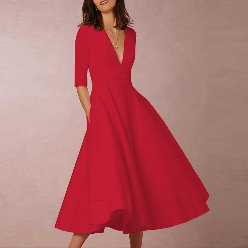 Classy Plunge Neckline Flowy Midi Work Dress