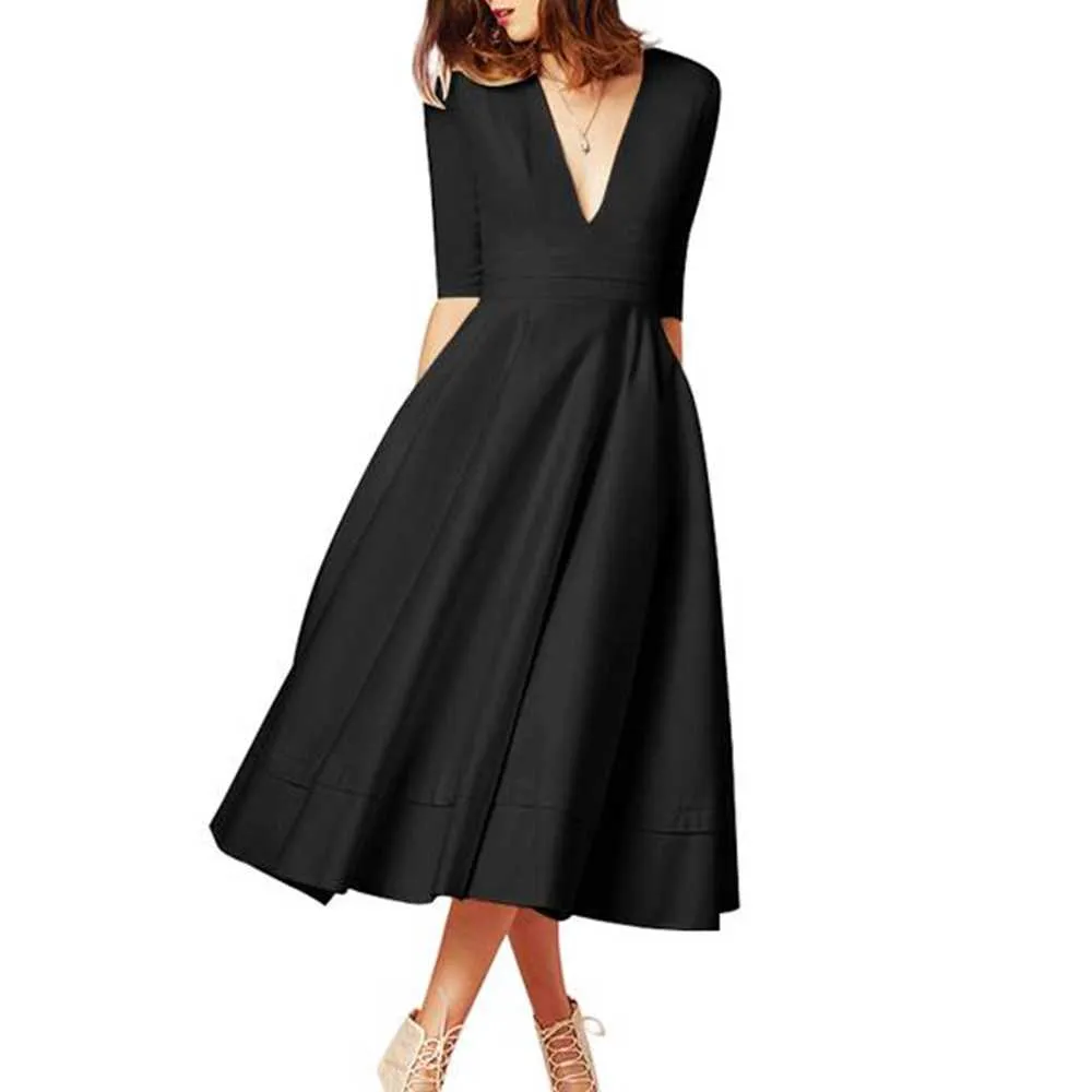 Classy Plunge Neckline Flowy Midi Work Dress