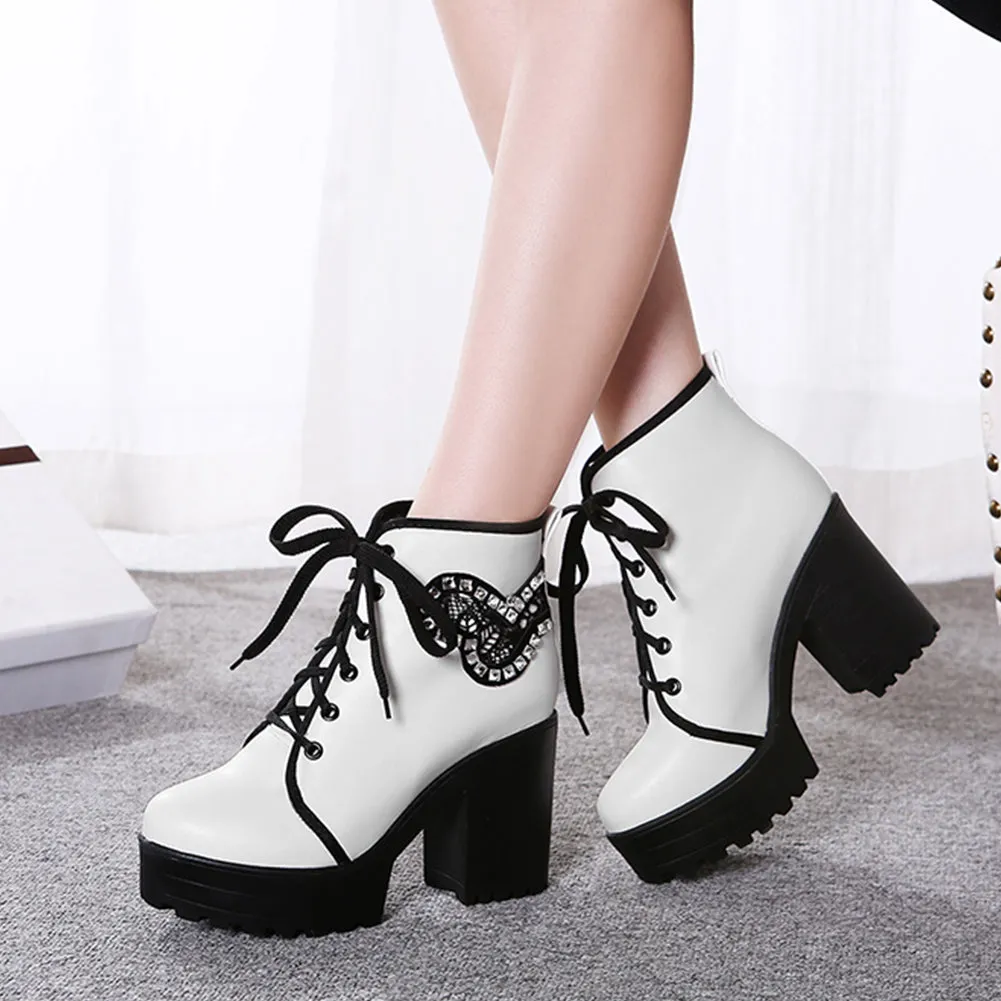 Crystals Platform Square High Heels Ankle Boots