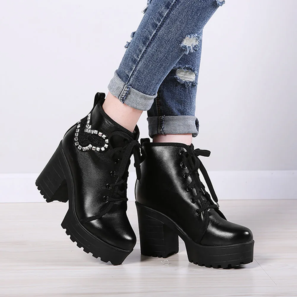 Crystals Platform Square High Heels Ankle Boots