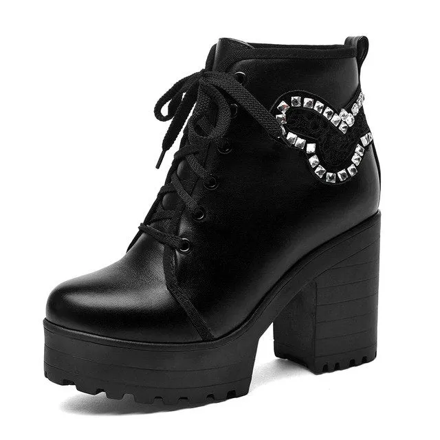 Crystals Platform Square High Heels Ankle Boots