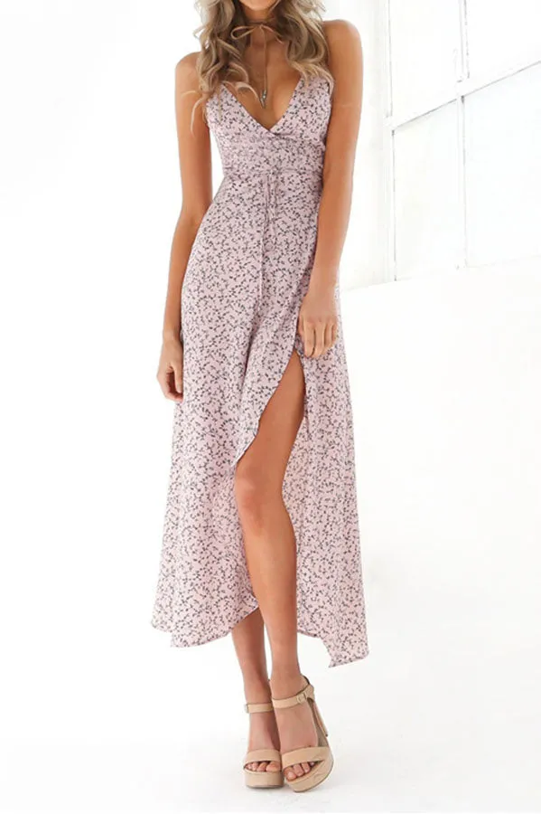 Elegant Spaghtetti Floral High Thigh Split Midi Dress