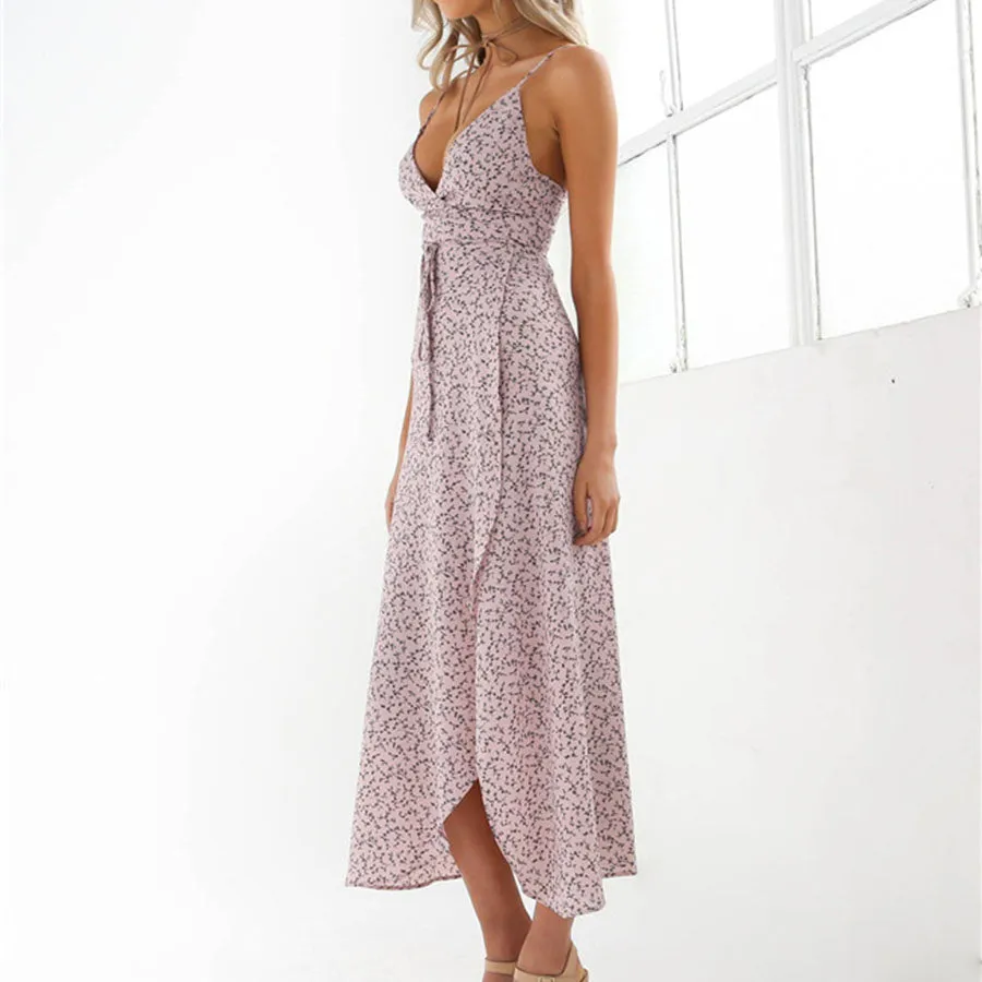 Elegant Spaghtetti Floral High Thigh Split Midi Dress