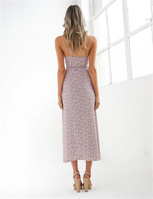 Elegant Spaghtetti Floral High Thigh Split Midi Dress