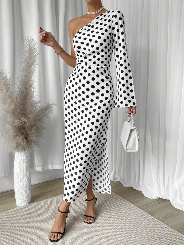 Frenchy polka dot one shoulder trumpet sleeve split thigh dress