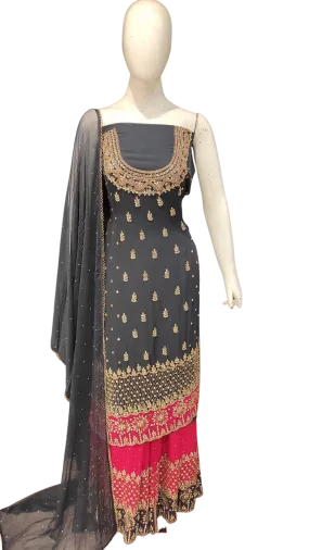 Georgette Unstitched Suit with Hand Work,Cutdana and Mirror Work with Stitched Sharara