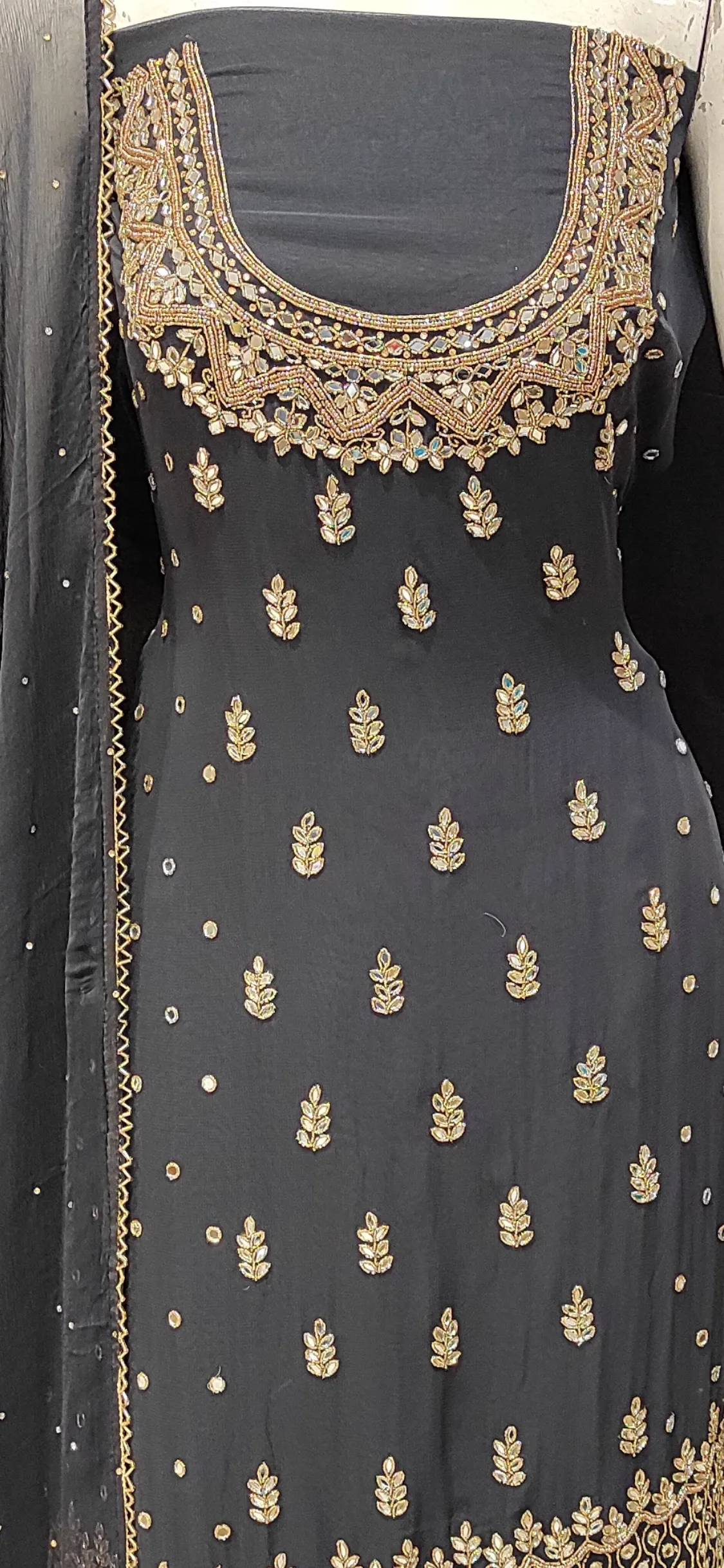 Georgette Unstitched Suit with Hand Work,Cutdana and Mirror Work with Stitched Sharara