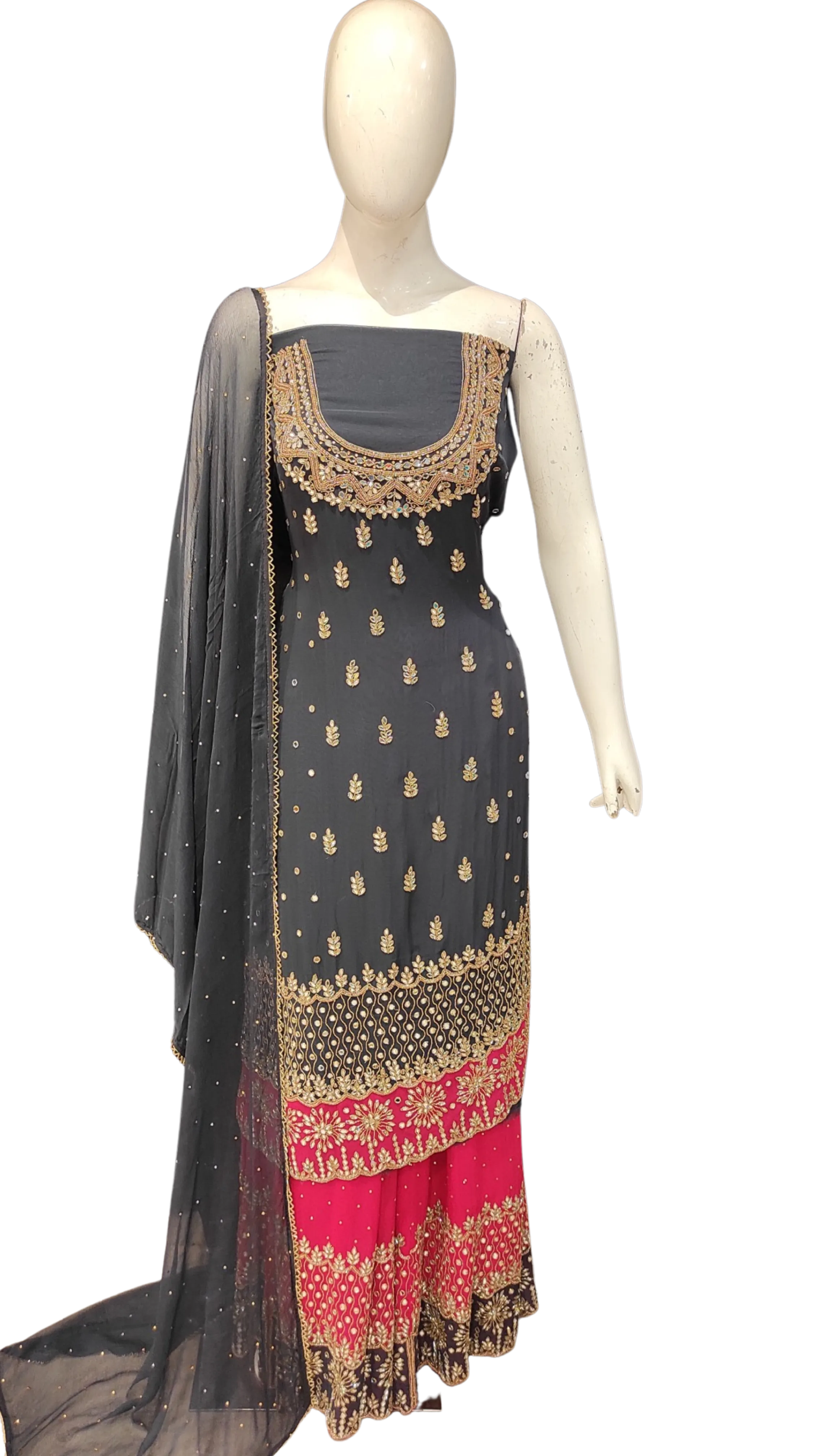 Georgette Unstitched Suit with Hand Work,Cutdana and Mirror Work with Stitched Sharara