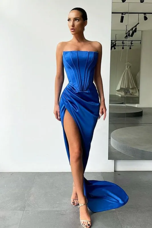 Glamorous Midnight Blue Strapless Prom Gown with Thigh-High Split