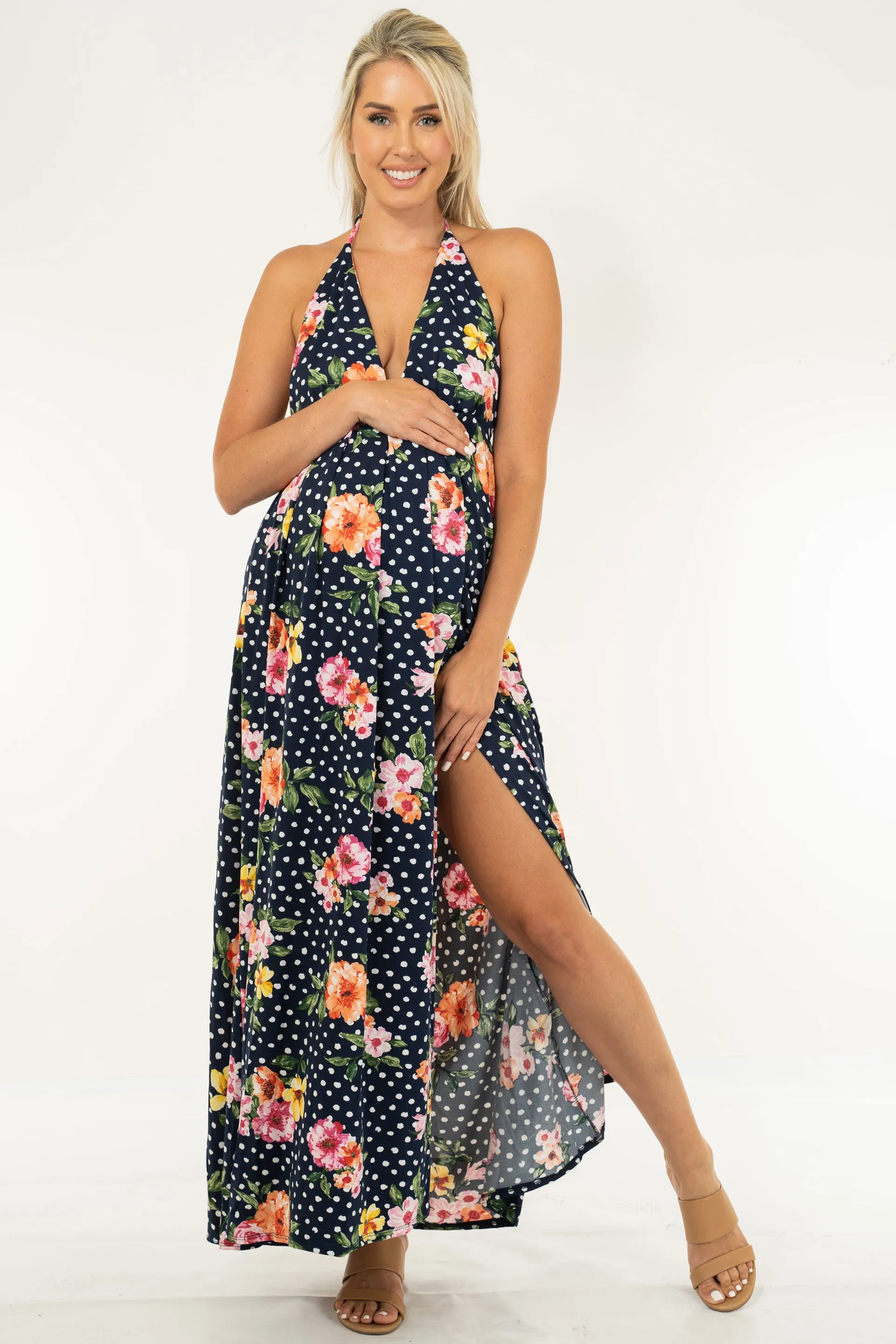 Halter Polka Dot Split Thigh Dress