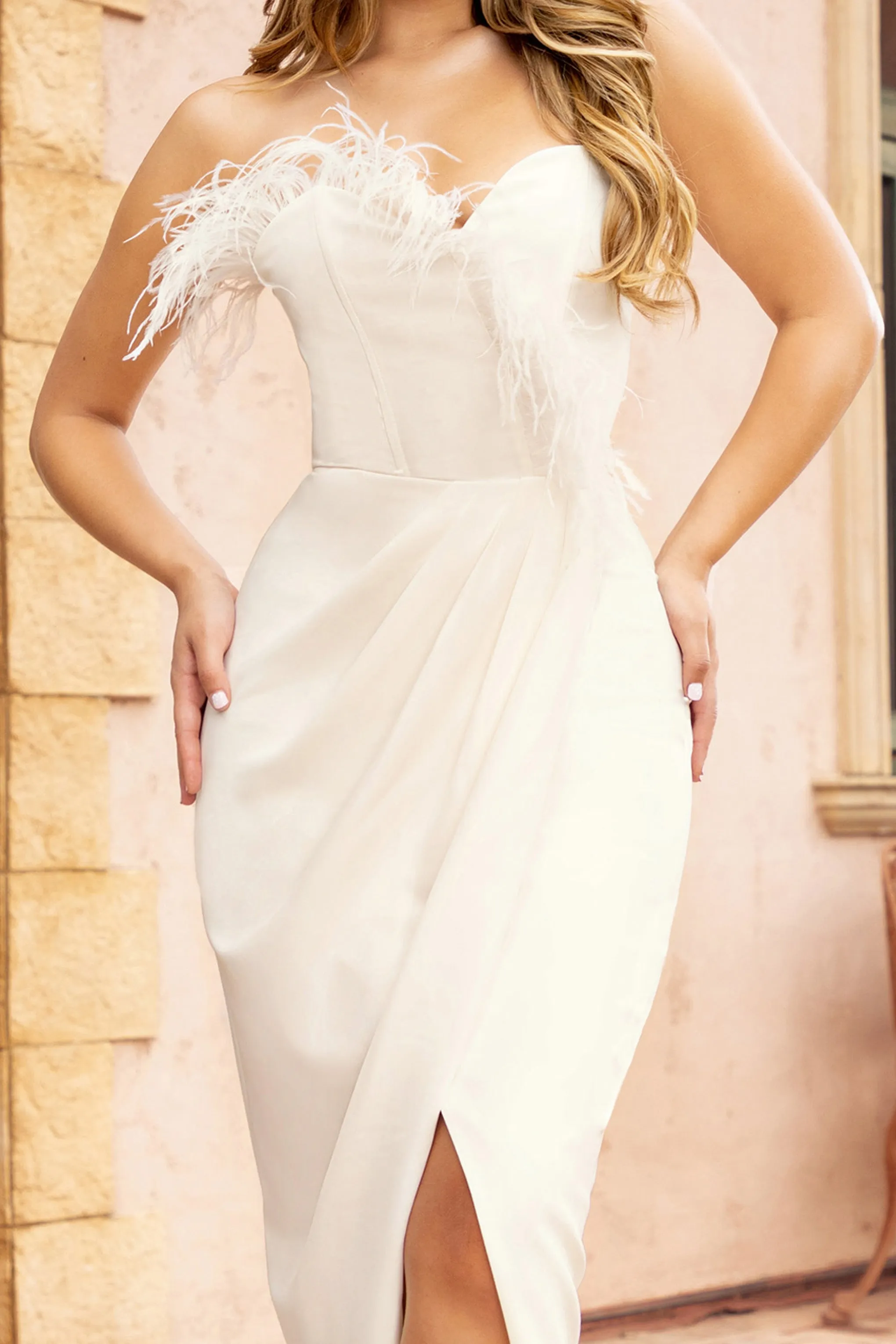 High Class | White Bandeau Thigh Split Maxi Dress With Feather Trim