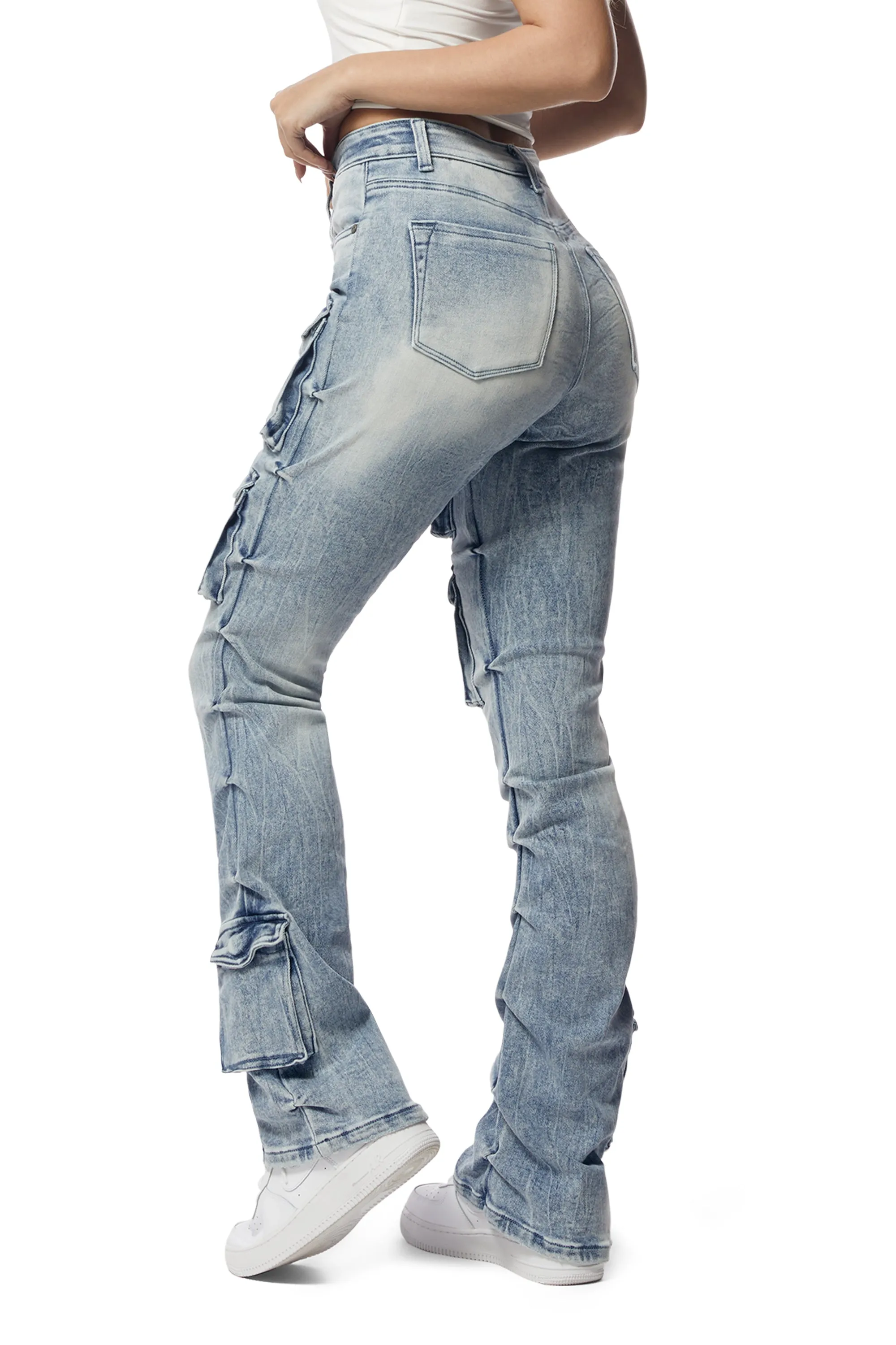 High Rise Utility Boot Cut Denim Jeans - Lowell Blue