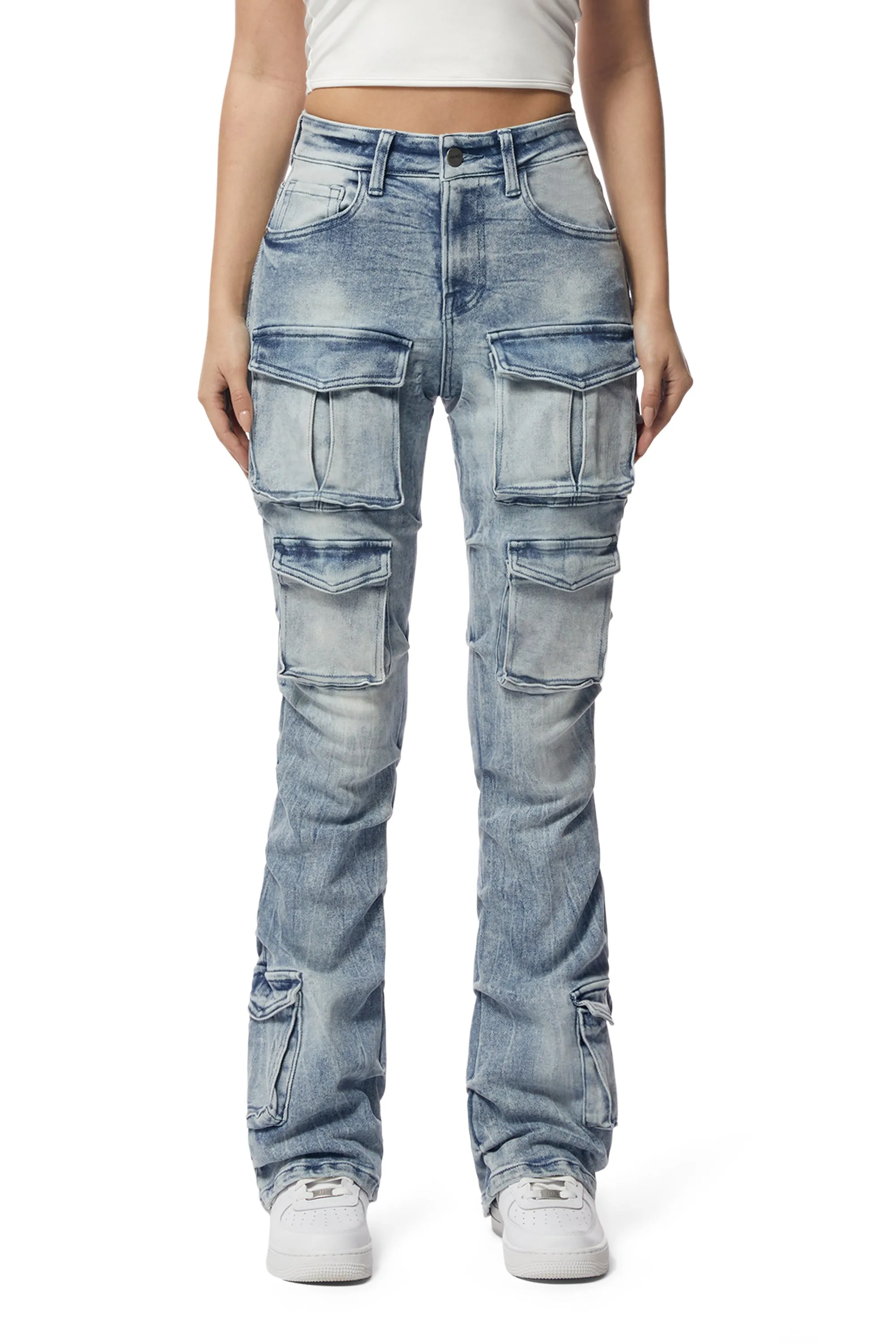 High Rise Utility Boot Cut Denim Jeans - Lowell Blue