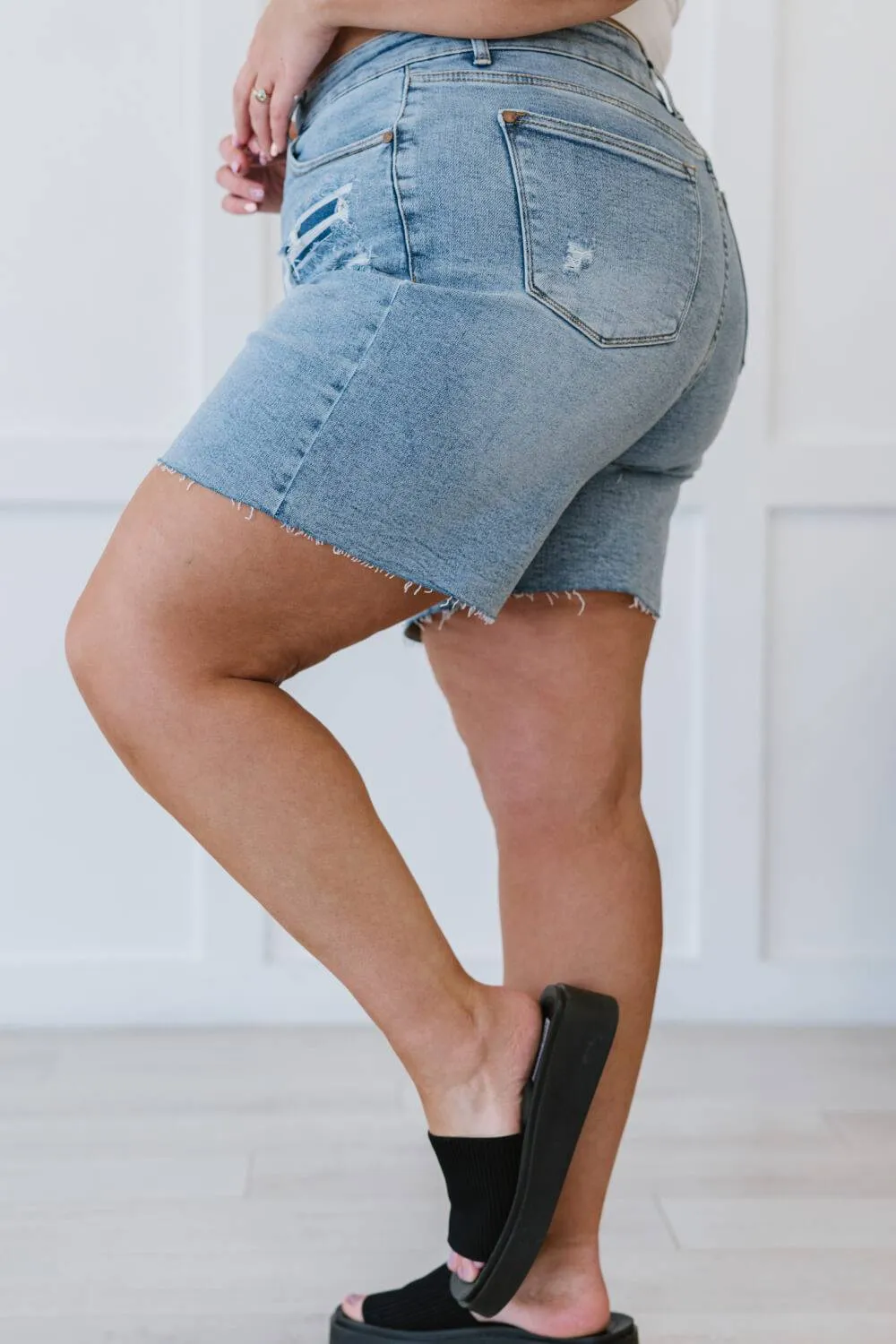 Judy Blue, Denim Patch High Rise Mid Thigh Shorts