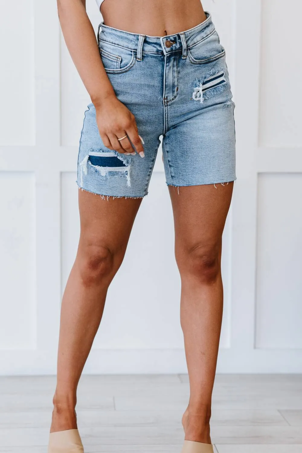 Judy Blue, Denim Patch High Rise Mid Thigh Shorts