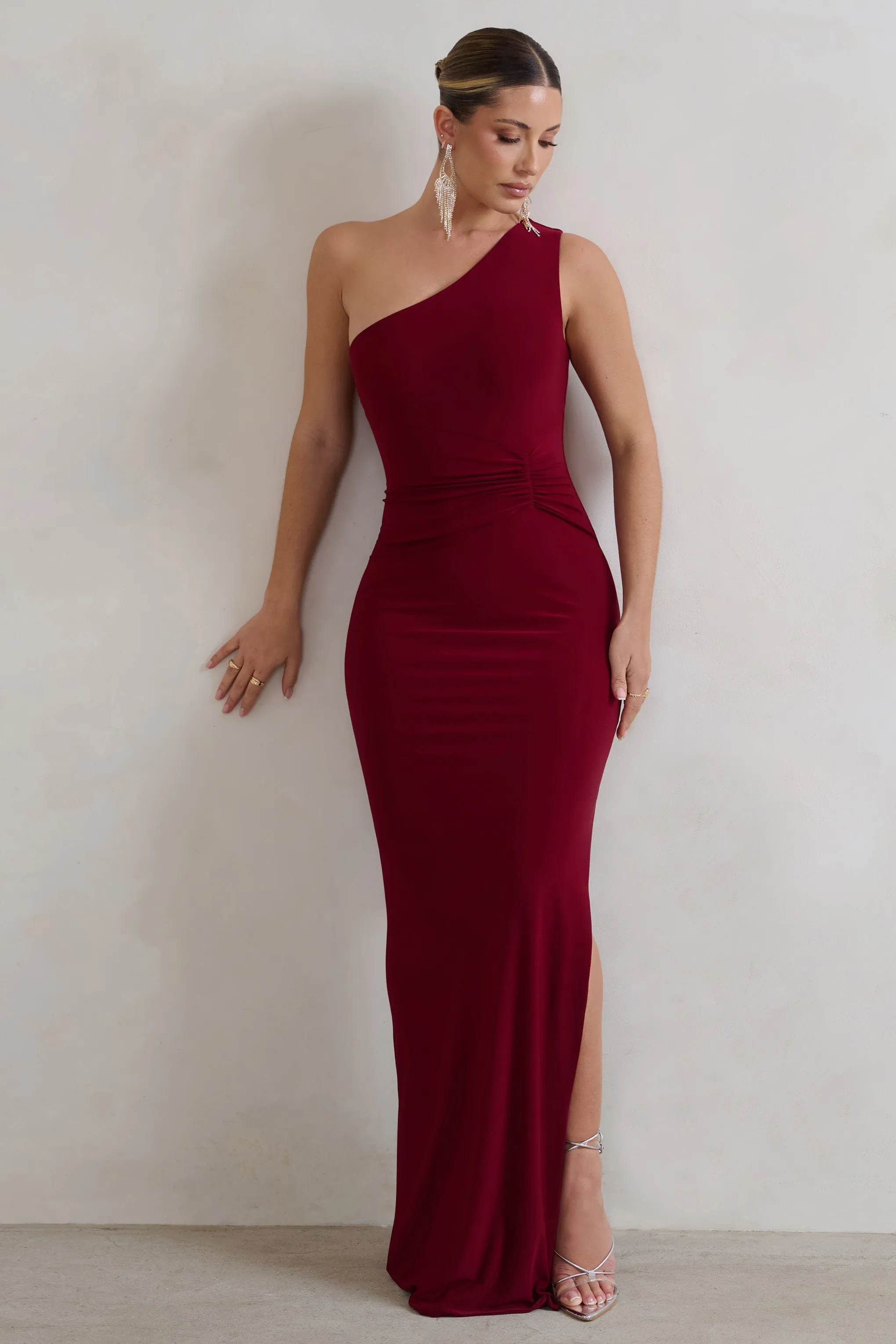 Kary | Berry One Shoulder Thigh Split Maxi Dress