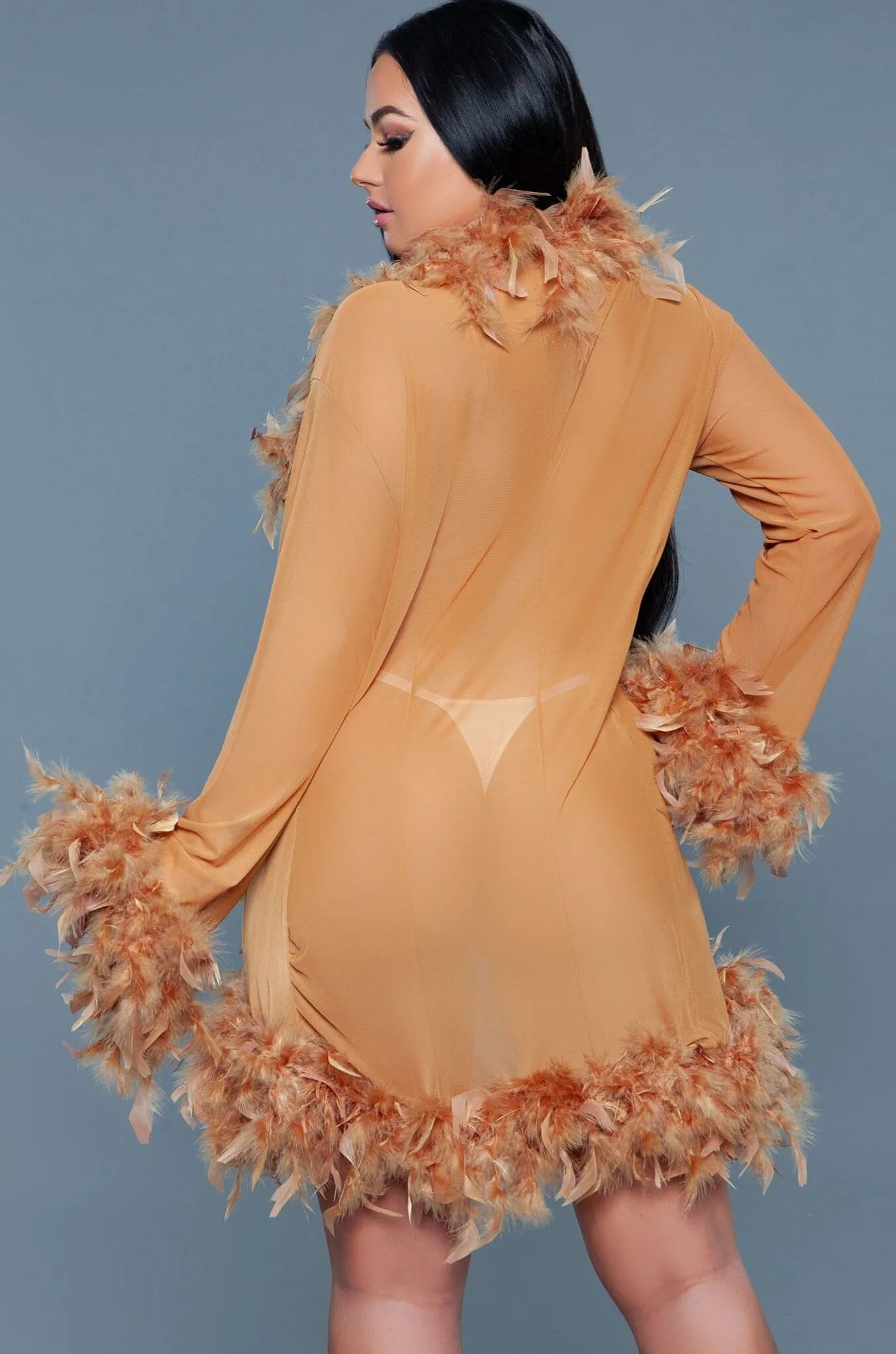 Knee Length Feather Robe With Ribbon Ties