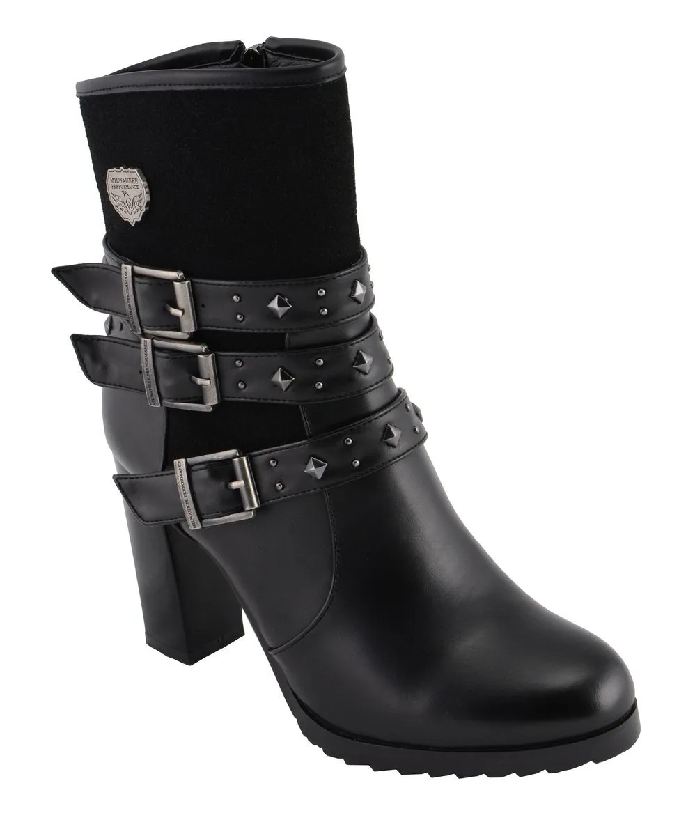 Milwaukee Leather MBL9433 Women's Black Triple Buckle Strap Fashion Riding Boots with Block Heel