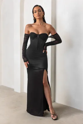 My Prize | Black Satin Bardot Mesh Long Sleeves Maxi Dress With Thigh Split