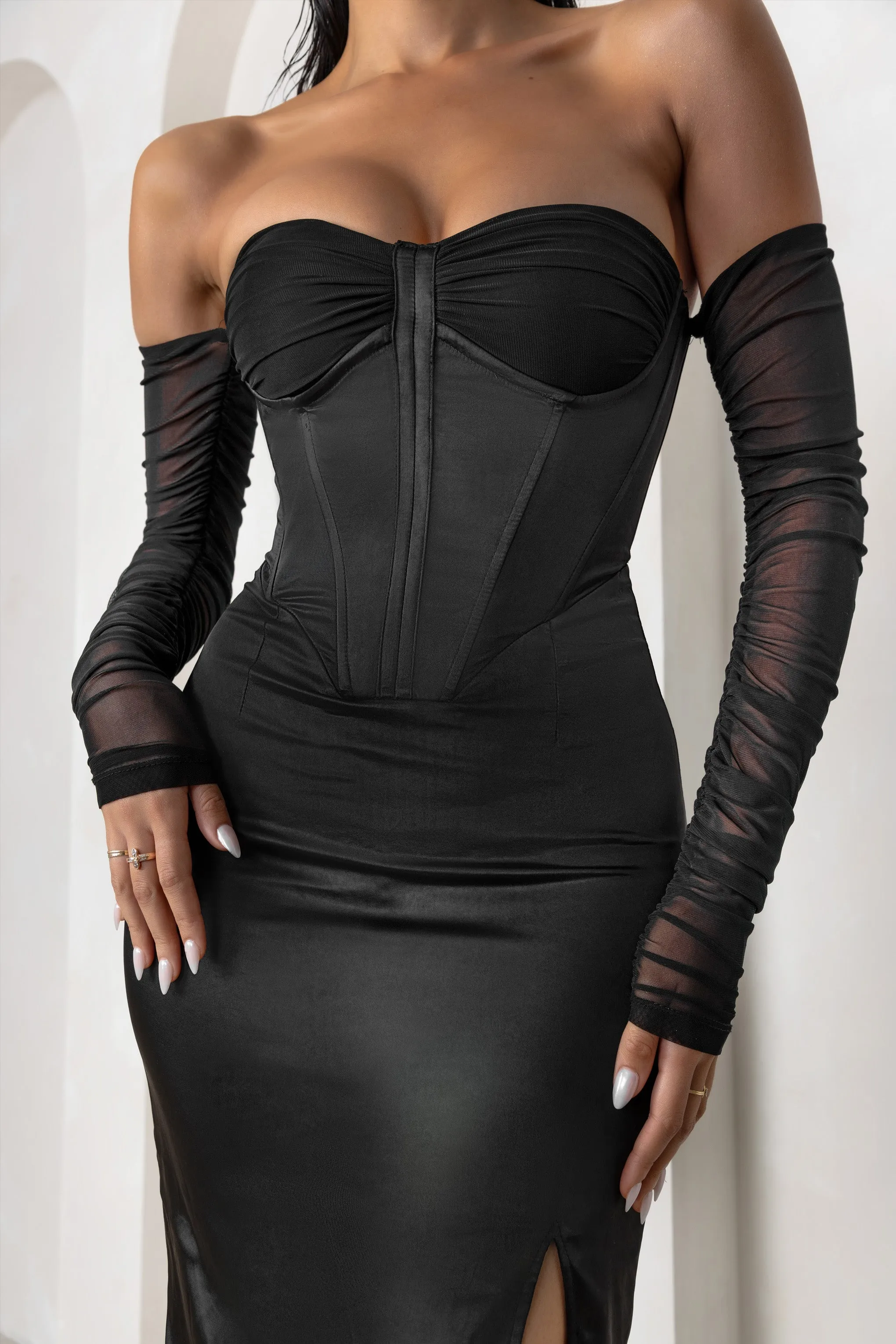 My Prize | Black Satin Bardot Mesh Long Sleeves Maxi Dress With Thigh Split