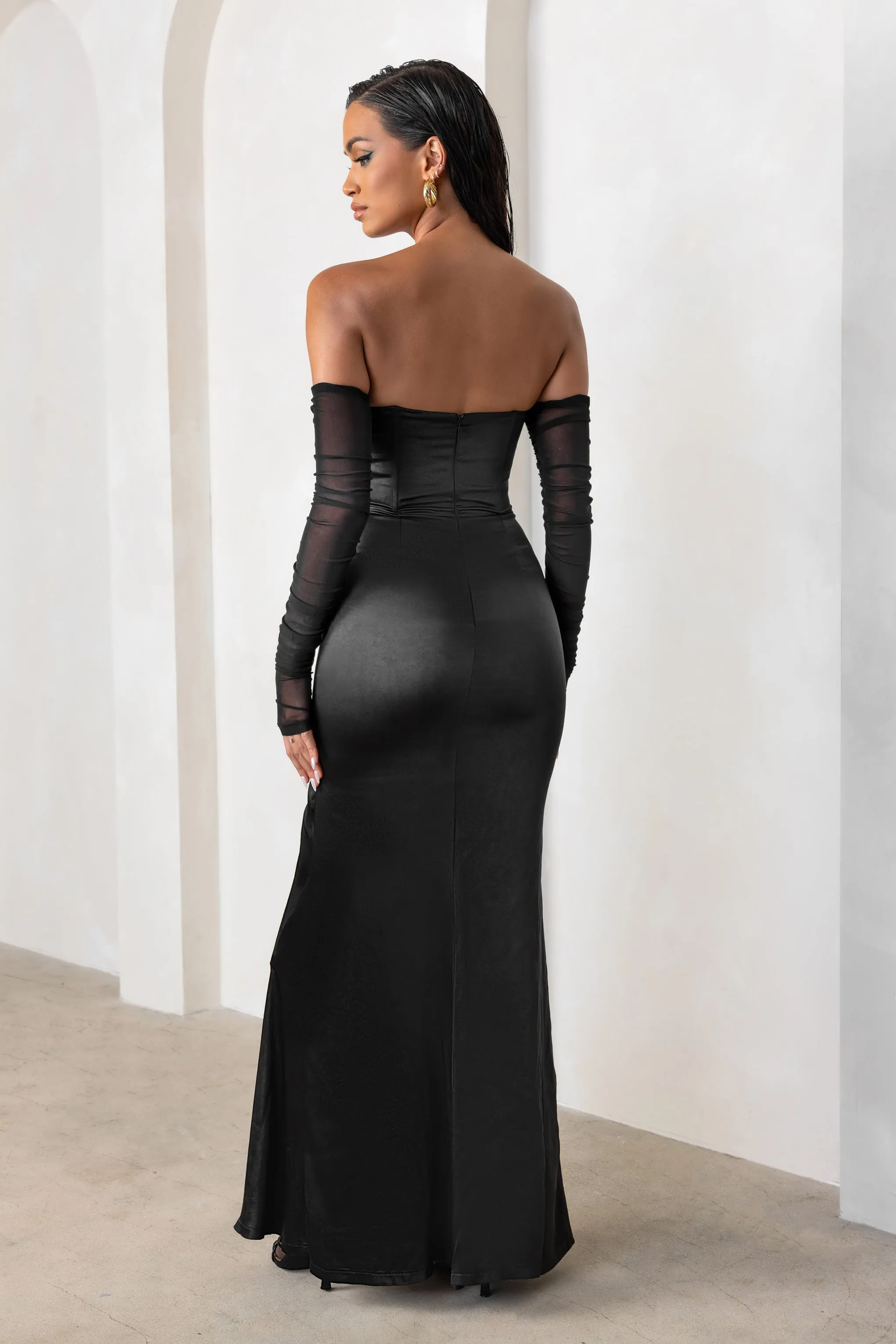 My Prize | Black Satin Bardot Mesh Long Sleeves Maxi Dress With Thigh Split