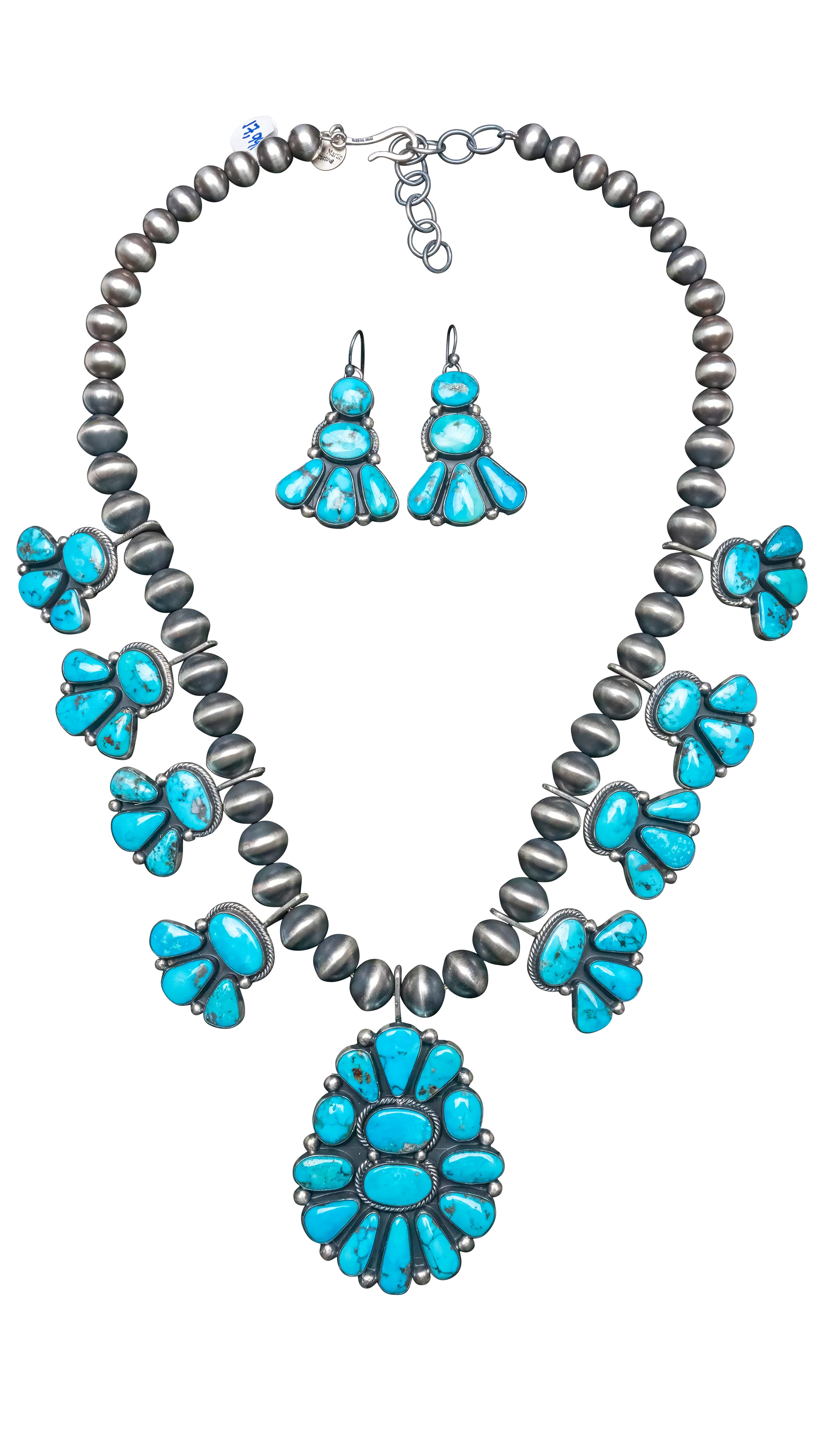 Natural Morenci Turquoise Squash Blossom & Earring Set | Andy Martin