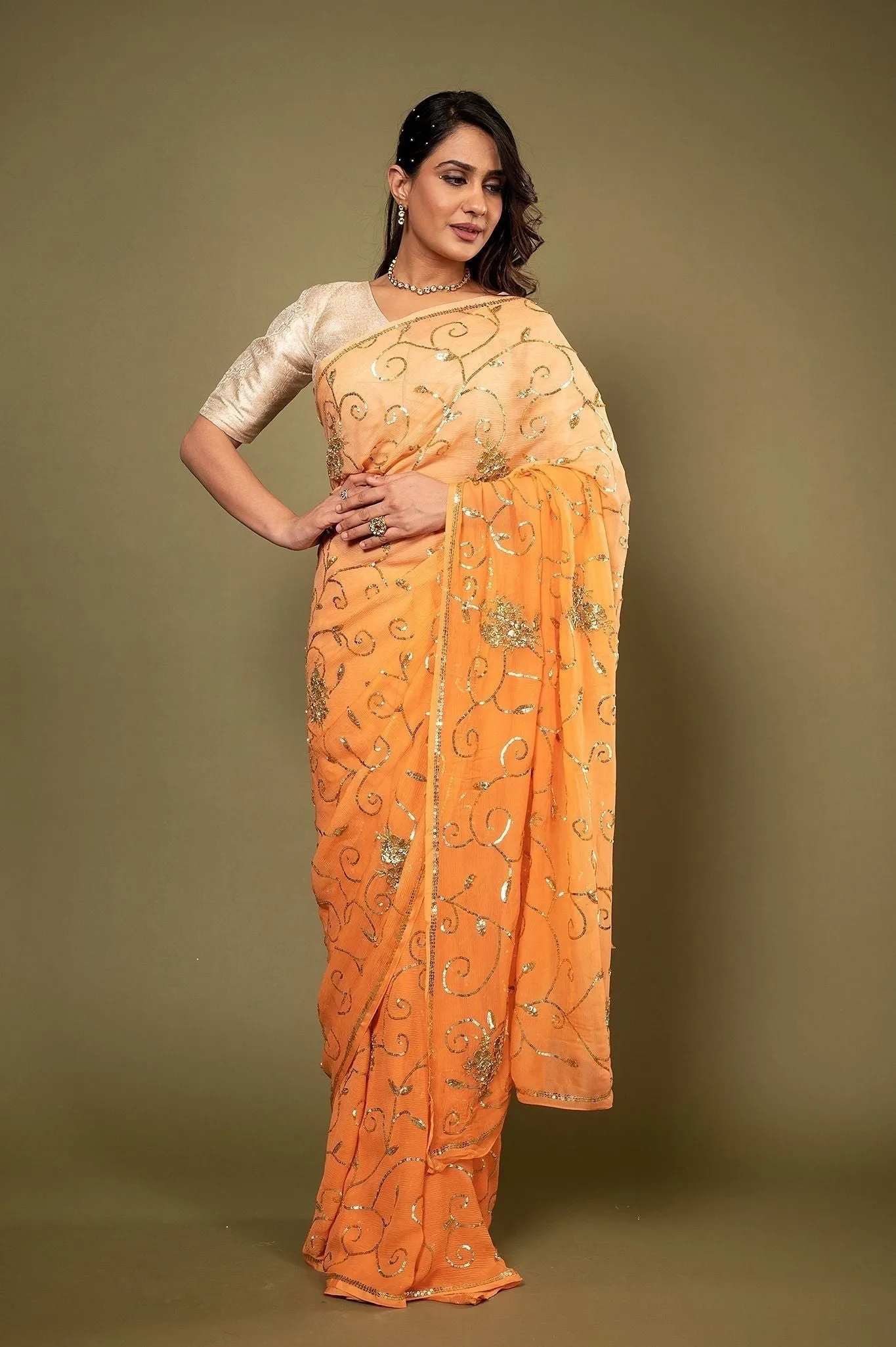 Peach Pure Chiffon Siquin Jaal Work Saree