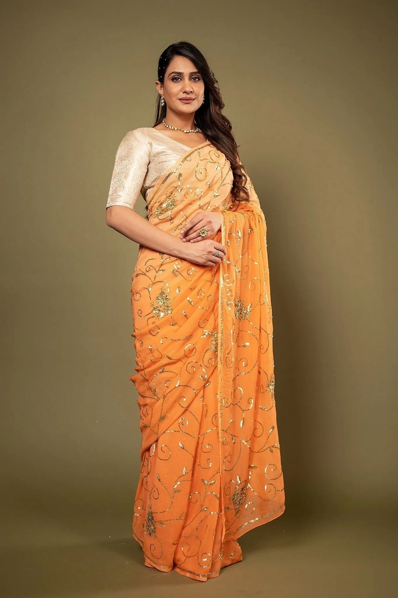 Peach Pure Chiffon Siquin Jaal Work Saree