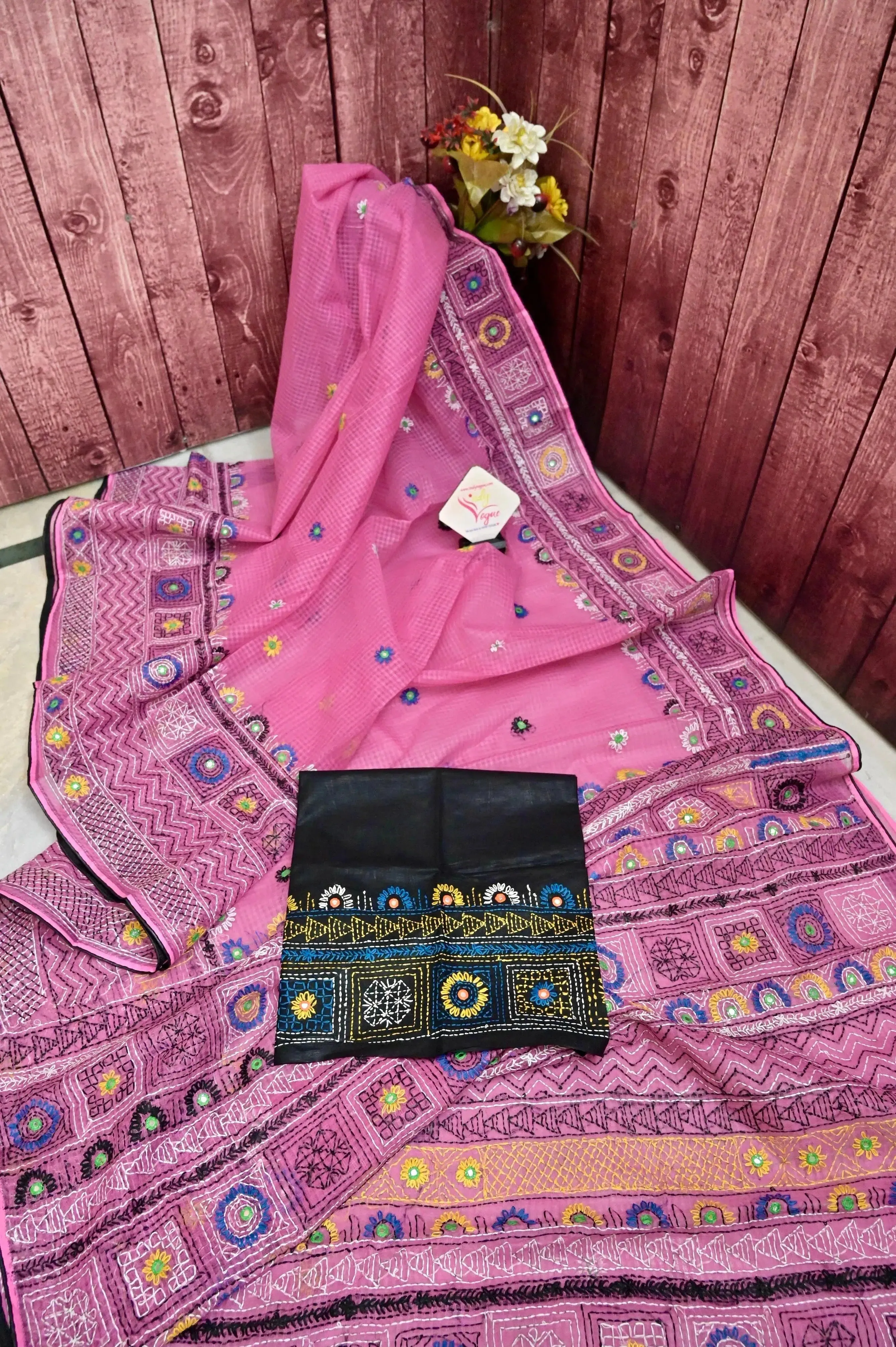 Pink Color Resham Kota Saree with Hand Lambani Work with Mirror Work