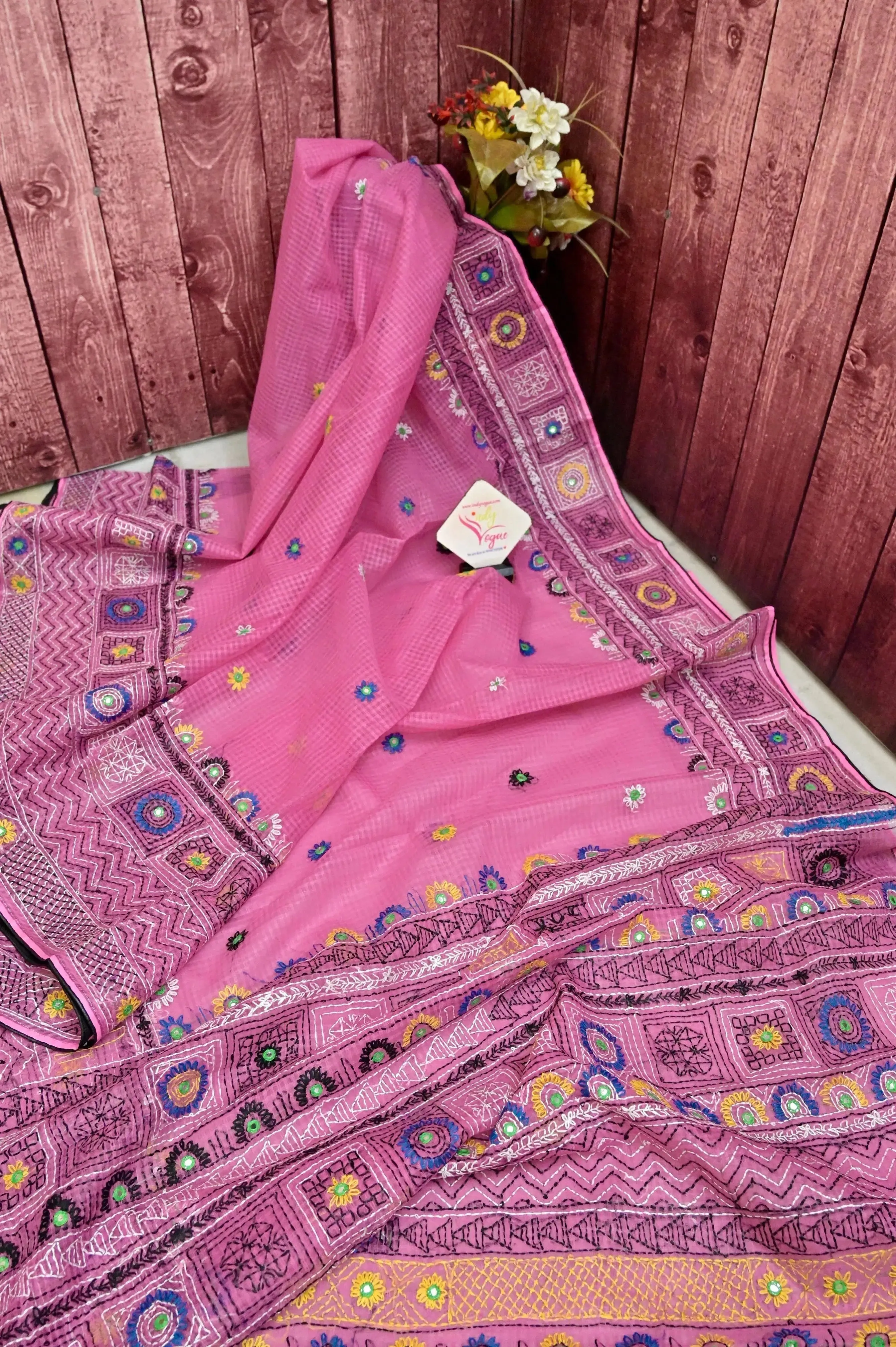 Pink Color Resham Kota Saree with Hand Lambani Work with Mirror Work