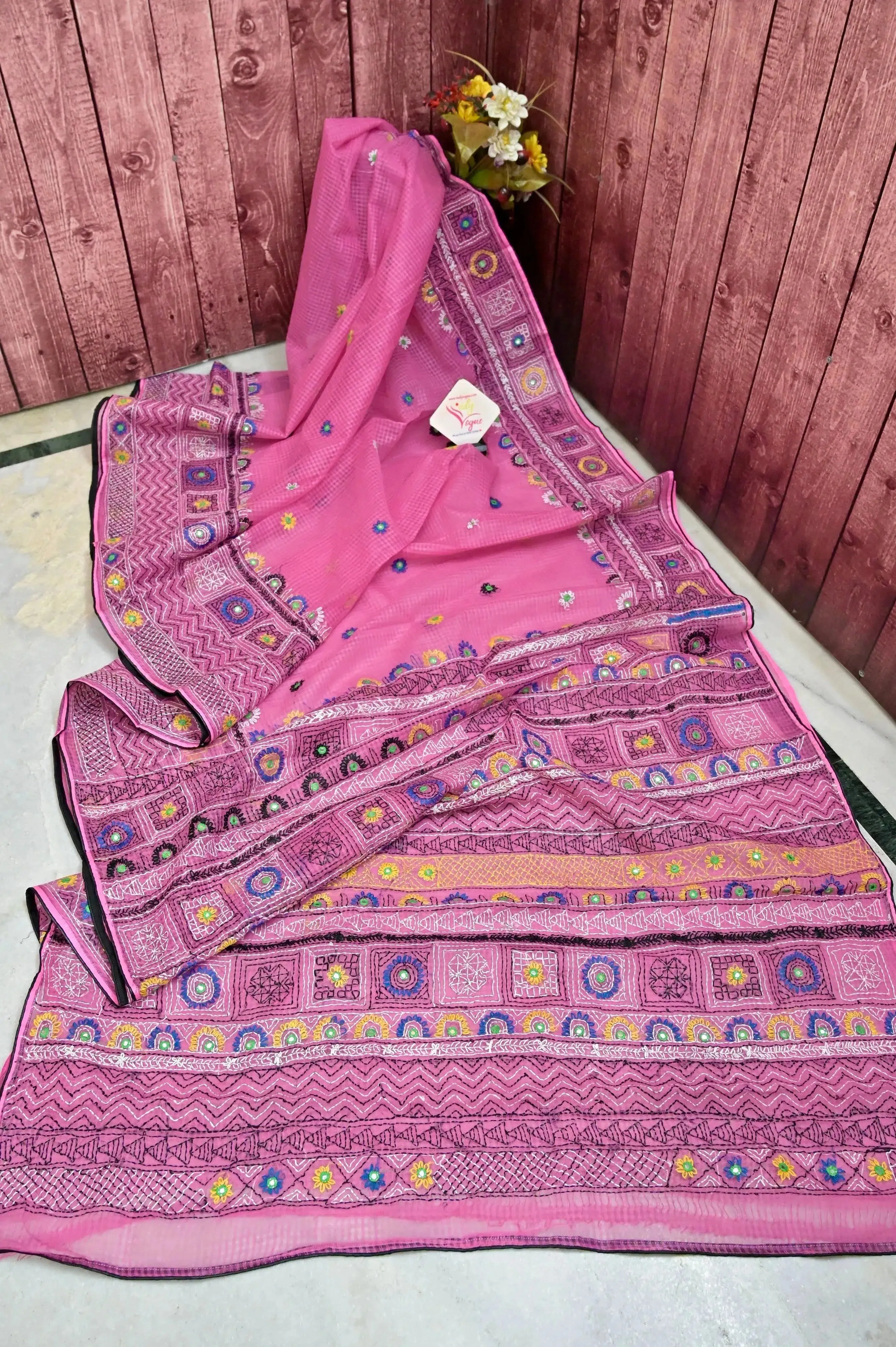 Pink Color Resham Kota Saree with Hand Lambani Work with Mirror Work