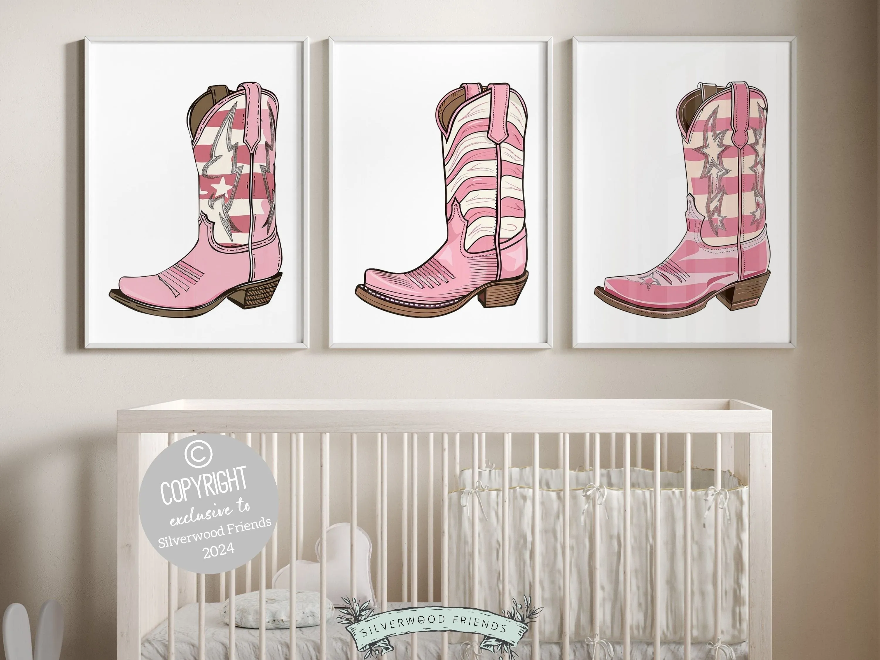 Pink Cowgirl Boot Prints - Set of 3