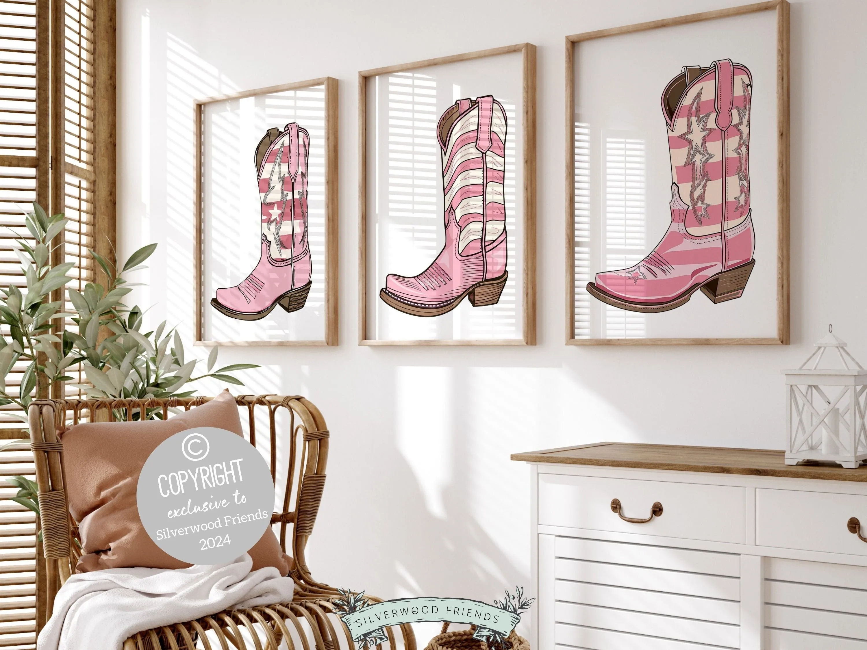 Pink Cowgirl Boot Prints - Set of 3